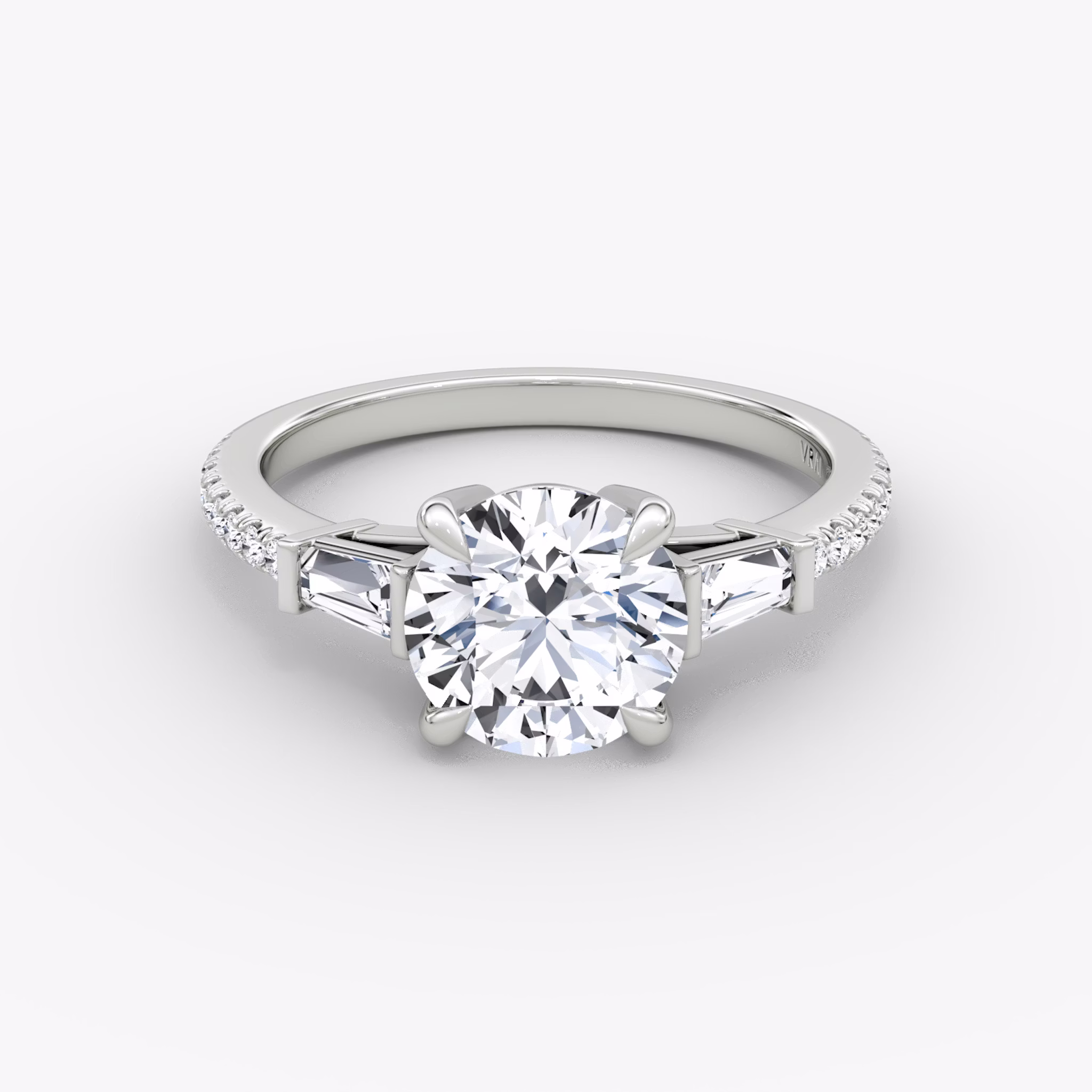 The Tapered Baguette Three Stone | Round Brilliant | 18k | White Gold | bandAccent: Pavé | caratWeight: 1.5ct | excludeFromFeed: null | diamondOrientation: vertical