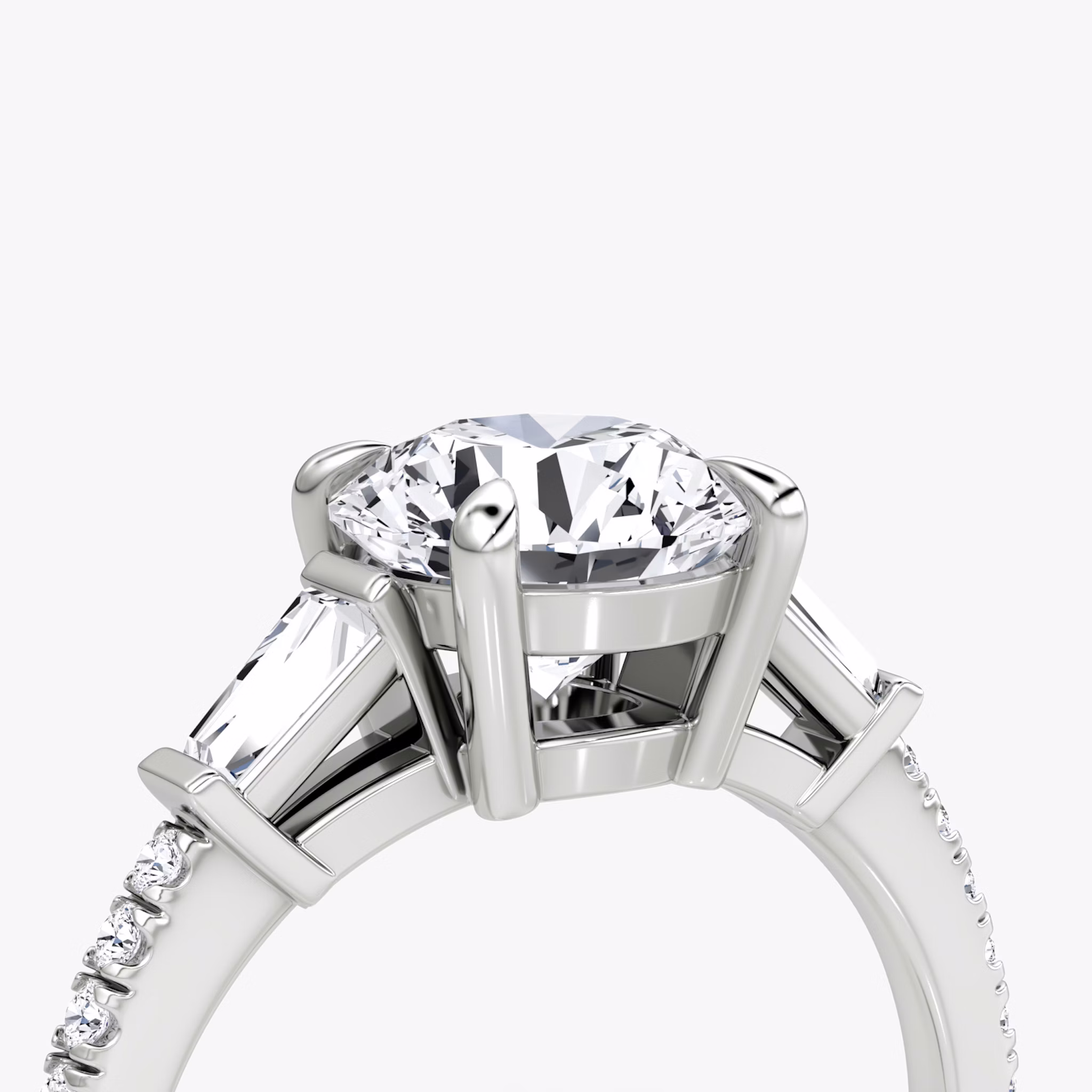 The Tapered Baguette Three Stone | Round Brilliant | Platinum | bandAccent: Pavé | caratWeight: 2.0ct | excludeFromFeed: null | diamondOrientation: vertical
