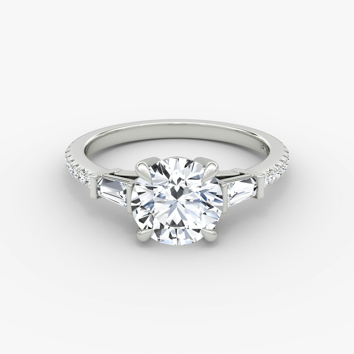 The Tapered Baguette Three Stone | Round Brilliant | 18k | White Gold | bandAccent: Pavé | caratWeight: 2.0ct | excludeFromFeed: null | diamondOrientation: vertical
