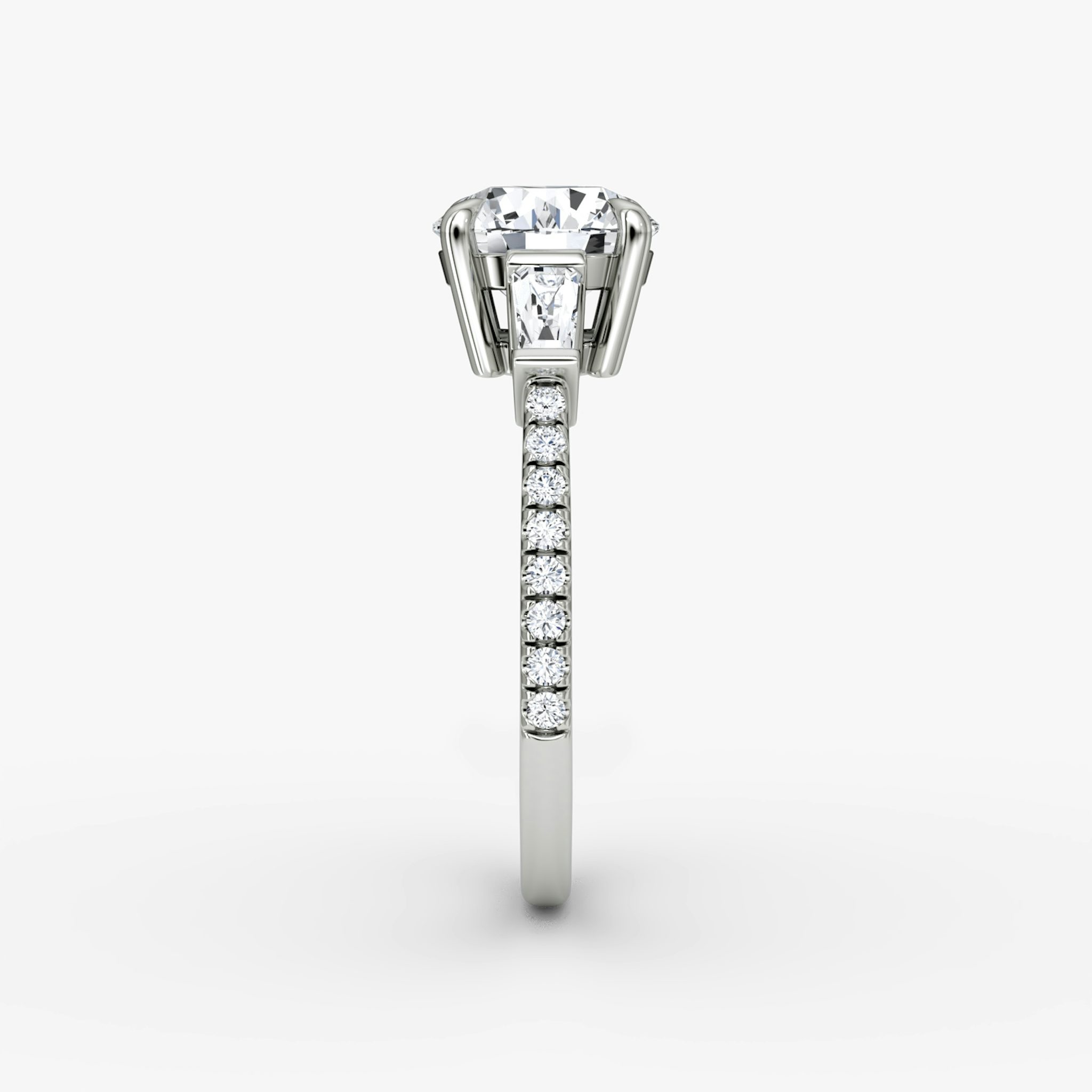 The Tapered Baguette Three Stone | Round Brilliant | 18k | White Gold | bandAccent: Pavé | caratWeight: 2.0ct | excludeFromFeed: null | diamondOrientation: vertical