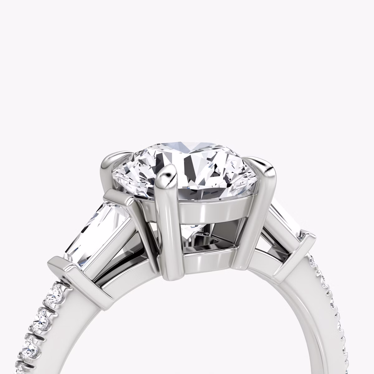 The Tapered Baguette Three Stone | Round Brilliant | Platinum | bandAccent: Pavé | caratWeight: other | excludeFromFeed: null | diamondOrientation: vertical
