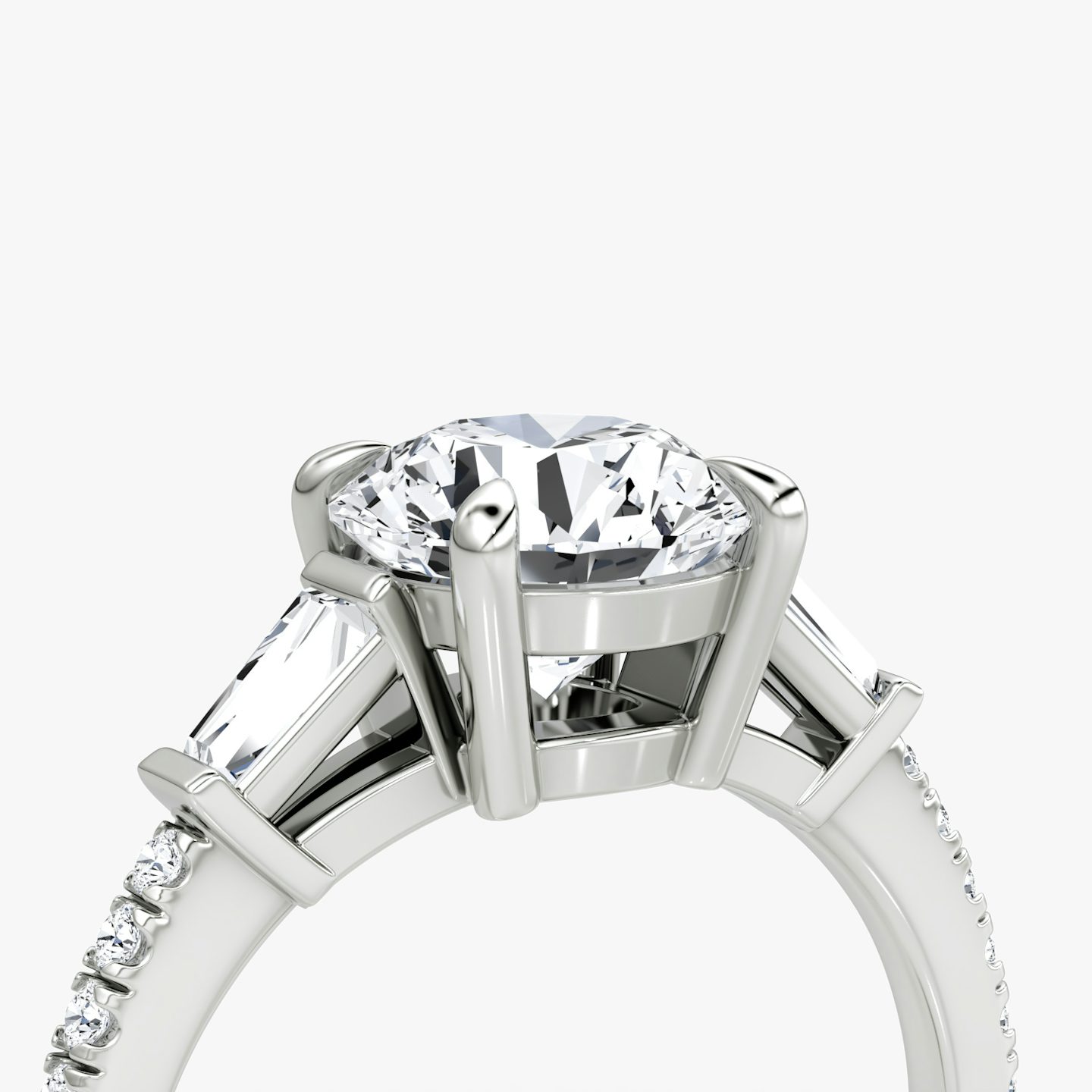 The Tapered Baguette Three Stone | Round Brilliant | Platinum | bandAccent: Pavé | caratWeight: other | excludeFromFeed: null | diamondOrientation: vertical