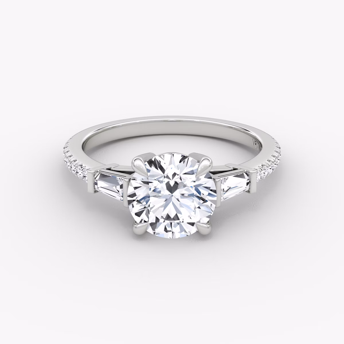 The Tapered Baguette Three Stone | Round Brilliant | Platinum | bandAccent: Pavé | caratWeight: other | excludeFromFeed: null | diamondOrientation: vertical