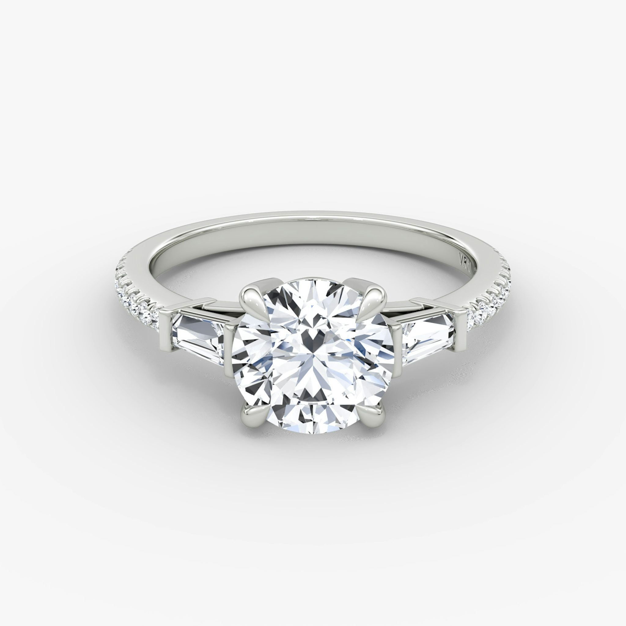 The Tapered Baguette Three Stone | Round Brilliant | Platinum | bandAccent: Pavé | caratWeight: other | excludeFromFeed: null | diamondOrientation: vertical