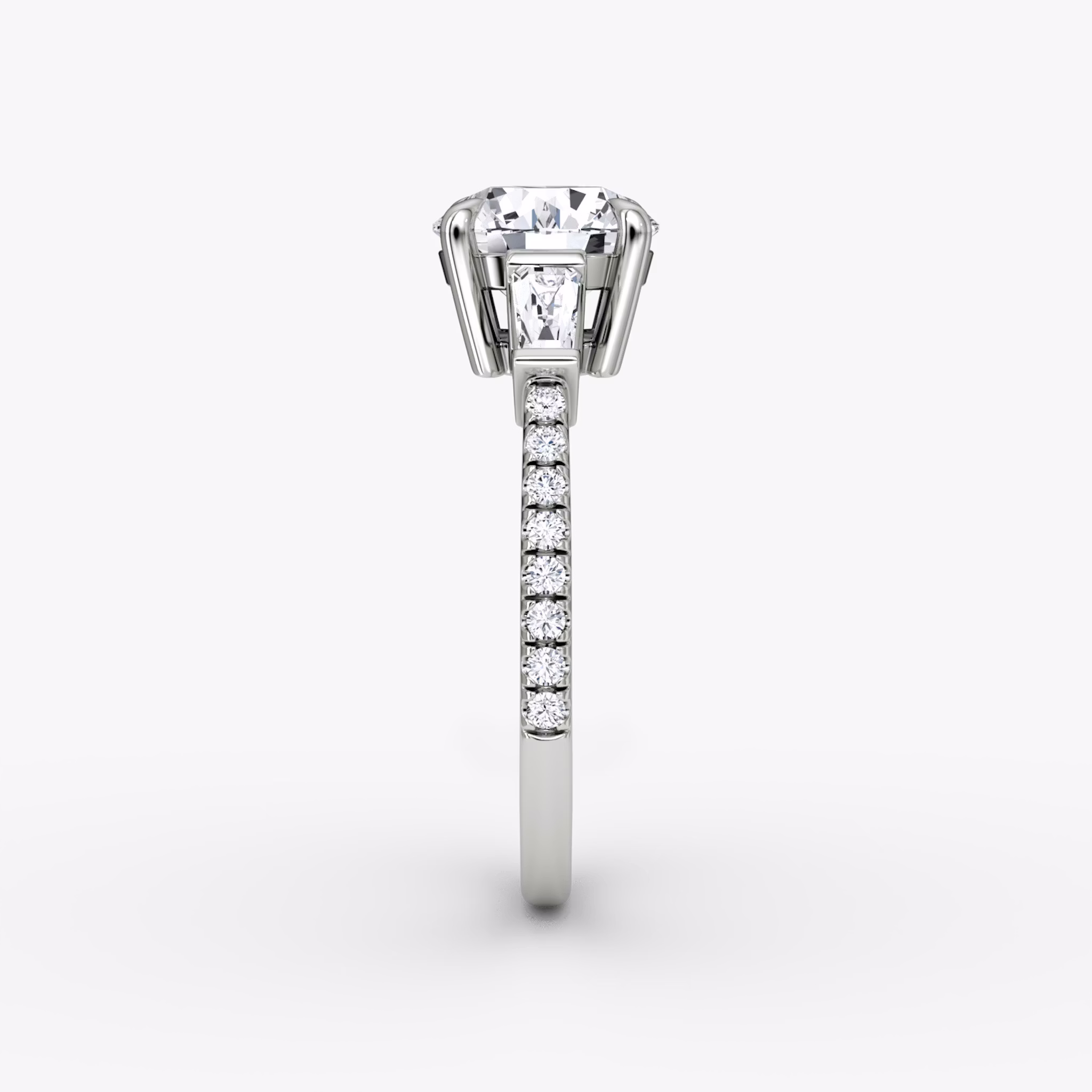 The Tapered Baguette Three Stone | Round Brilliant | 18k | White Gold | bandAccent: Pavé | caratWeight: 1.0ct | excludeFromFeed: null | diamondOrientation: vertical