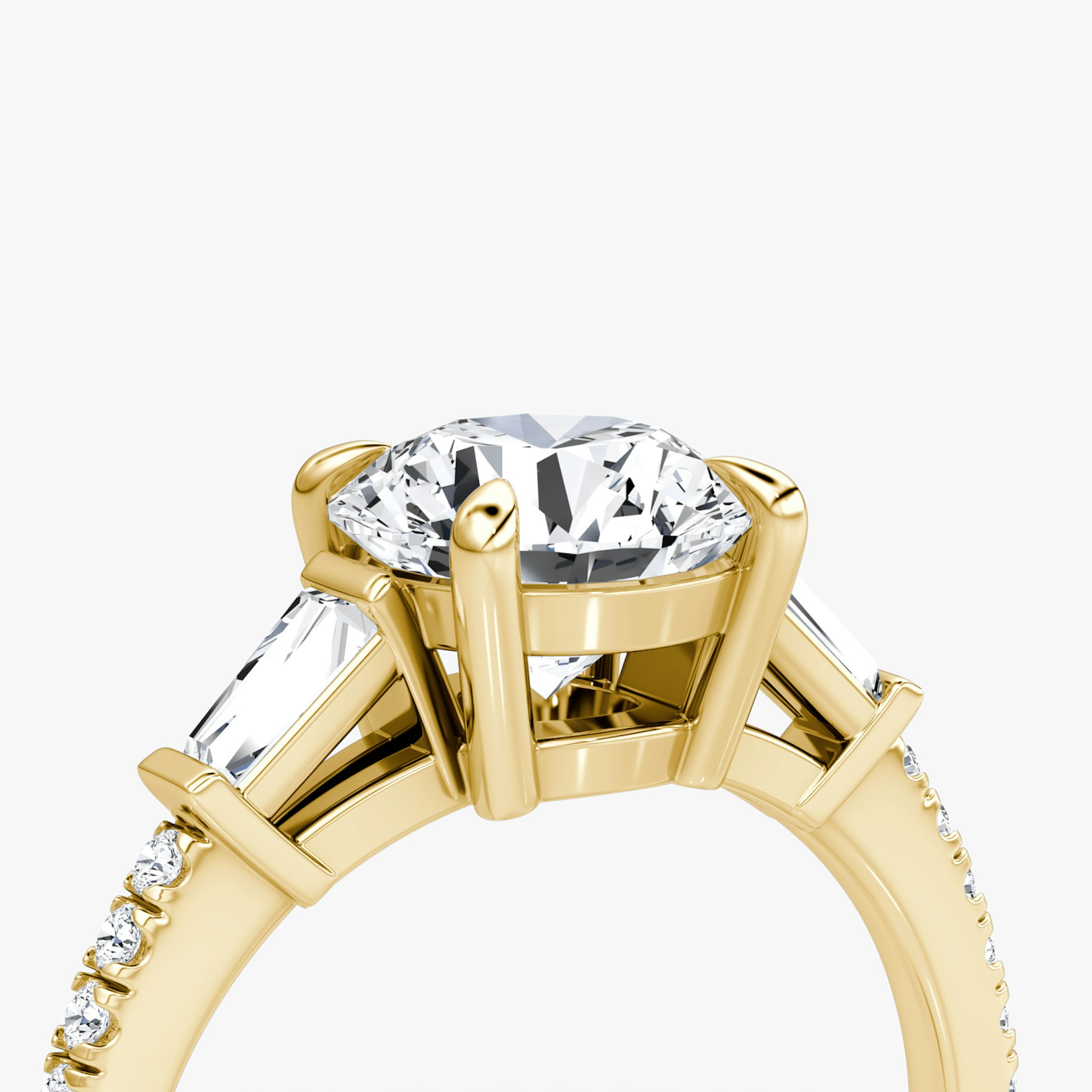 The Tapered Baguette Three Stone | Round Brilliant | 18k | Yellow Gold | bandAccent: Pavé | caratWeight: 1.0ct | excludeFromFeed: null | diamondOrientation: vertical