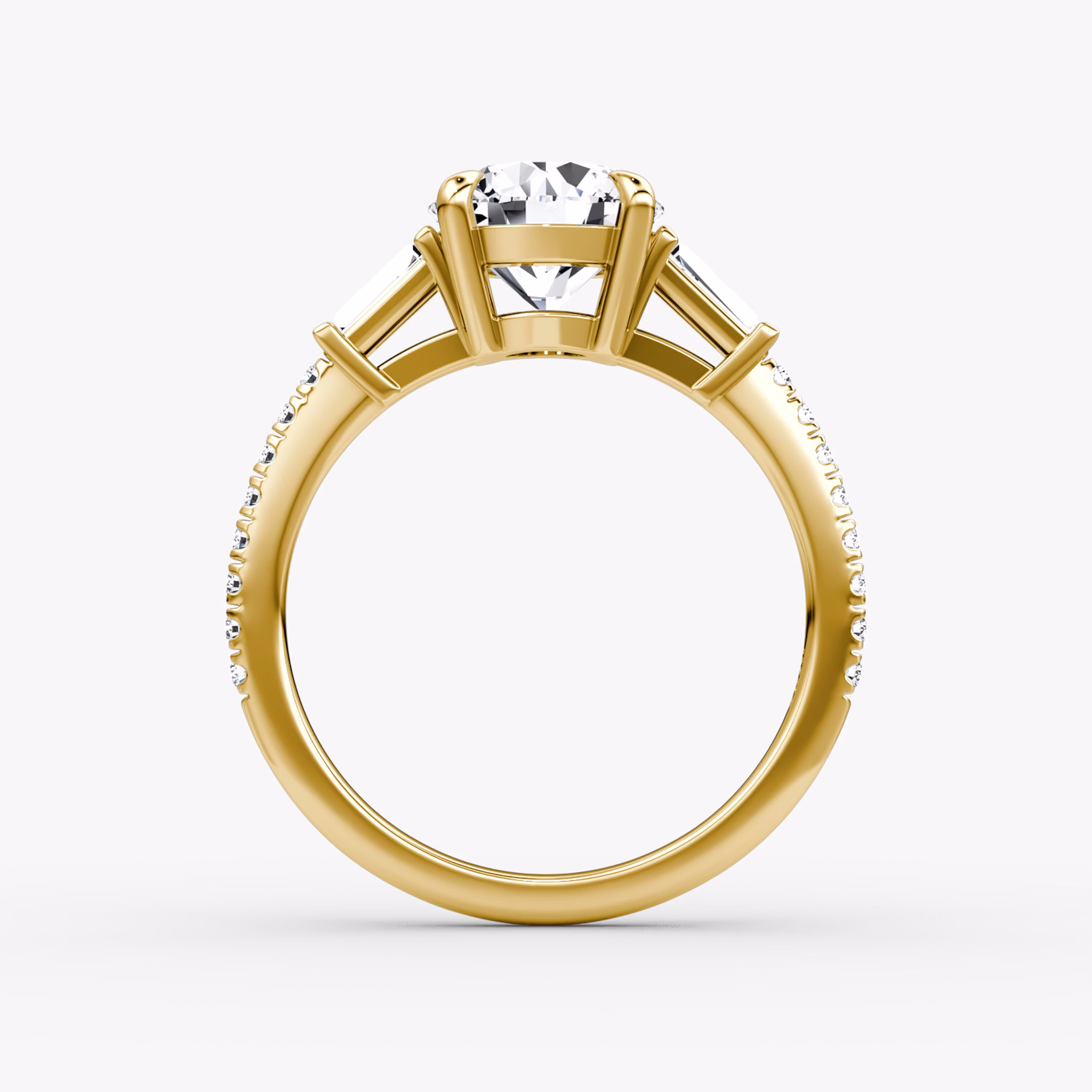The Tapered Baguette Three Stone | Round Brilliant | 18k | Yellow Gold | bandAccent: Pavé | caratWeight: 2.0ct | excludeFromFeed: null | diamondOrientation: vertical