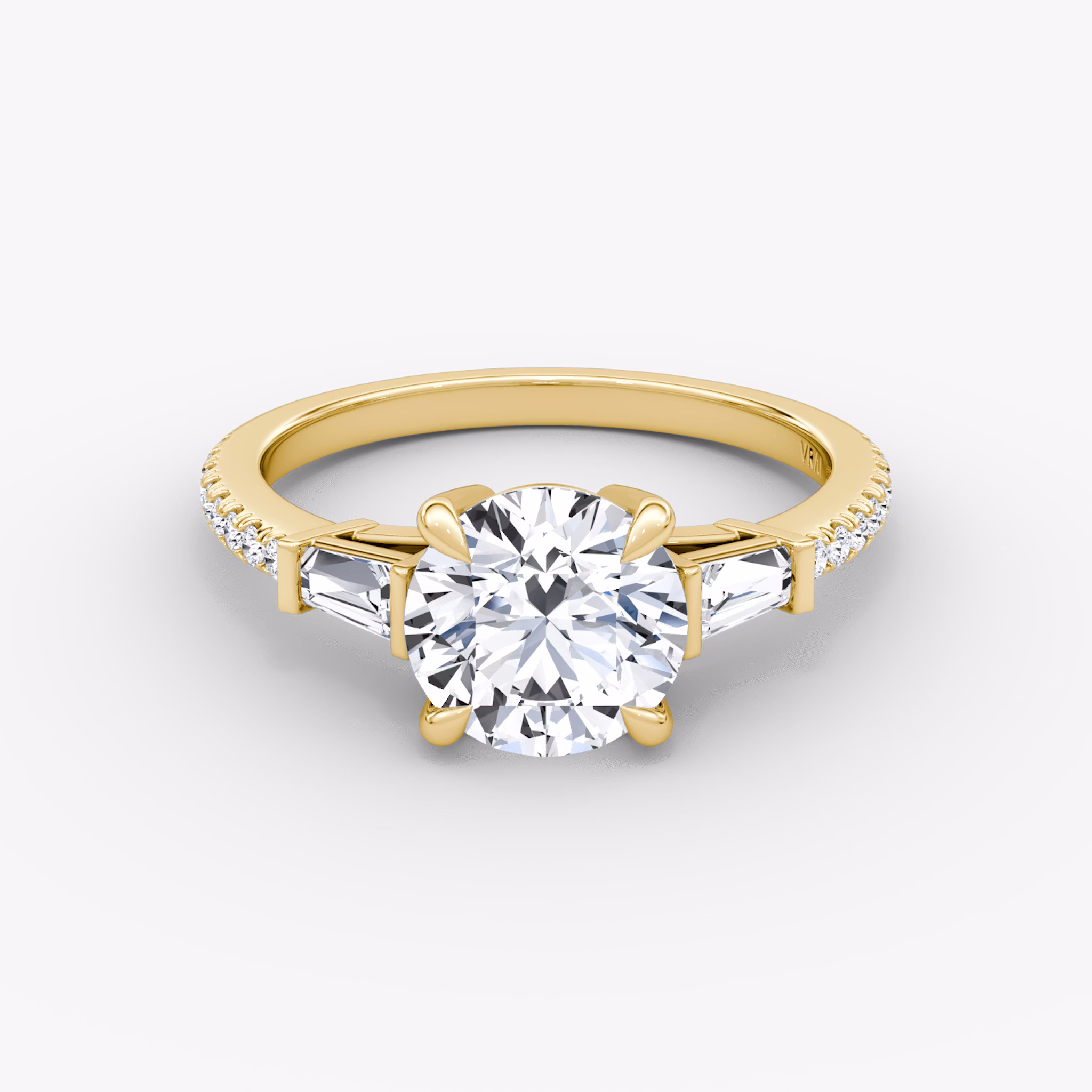 The Tapered Baguette Three Stone | Round Brilliant | 18k | Yellow Gold | bandAccent: Pavé | caratWeight: 2.0ct | excludeFromFeed: null | diamondOrientation: vertical