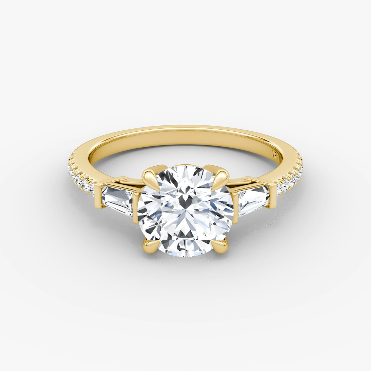 The Tapered Baguette Three Stone | Round Brilliant | 18k | Yellow Gold | bandAccent: Pavé | caratWeight: 2.0ct | excludeFromFeed: null | diamondOrientation: vertical