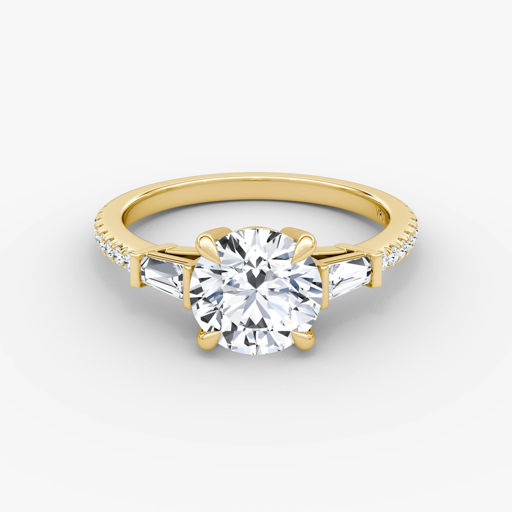 The Tapered Baguette Three Stone | Round Brilliant | 18k | Yellow Gold | bandAccent: Pavé | caratWeight: 2.0ct | excludeFromFeed: null | diamondOrientation: vertical