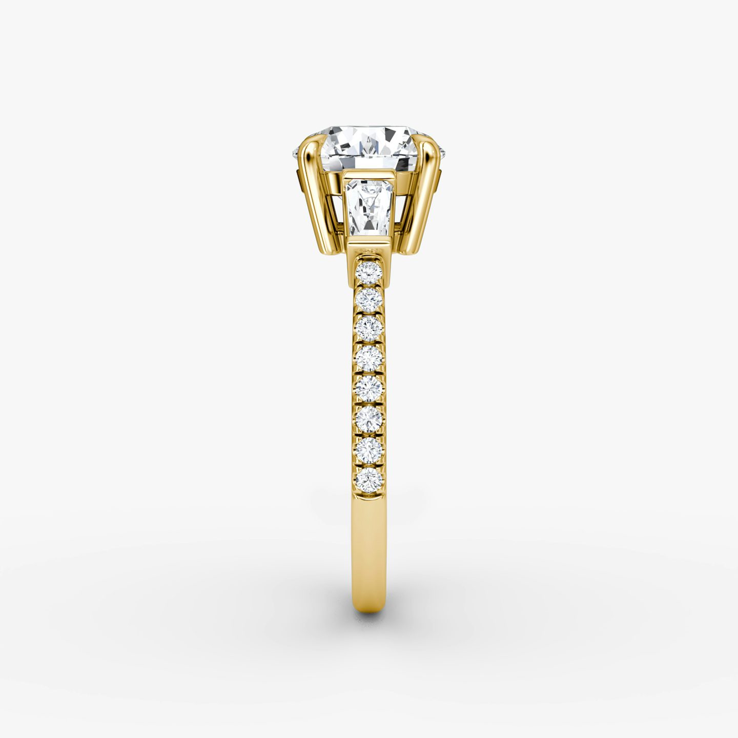 The Tapered Baguette Three Stone | Round Brilliant | 18k | Yellow Gold | bandAccent: Pavé | caratWeight: 1.5ct | excludeFromFeed: null | diamondOrientation: vertical