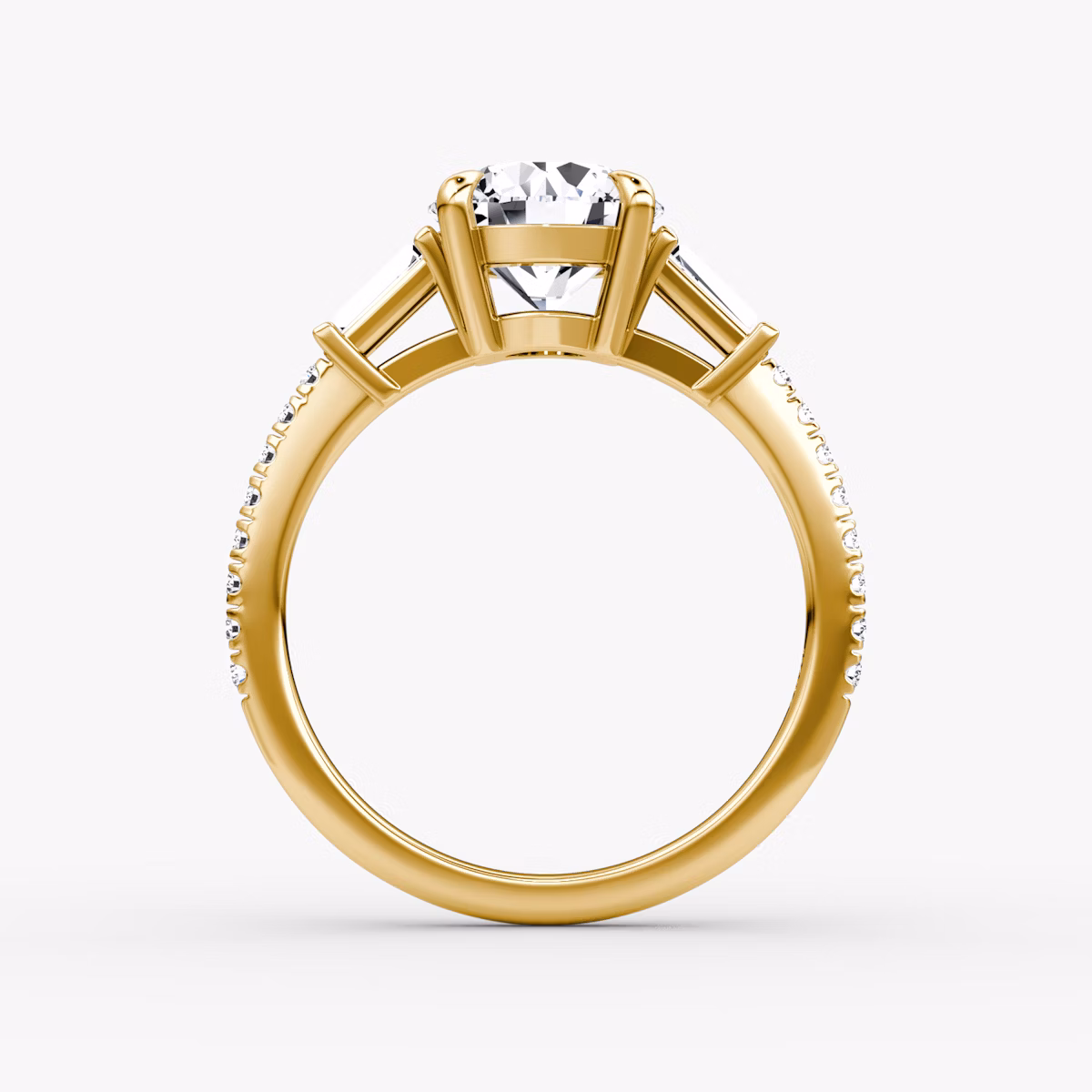 The Tapered Baguette Three Stone | Round Brilliant | 18k | Yellow Gold | bandAccent: Pavé | caratWeight: other | excludeFromFeed: null | diamondOrientation: vertical