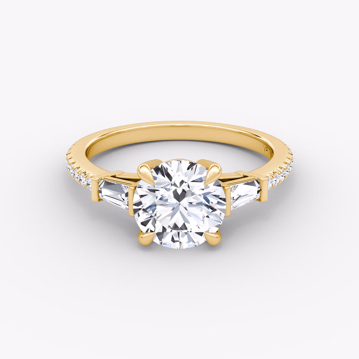 The Tapered Baguette Three Stone | Round Brilliant | 18k | Yellow Gold | bandAccent: Pavé | caratWeight: other | excludeFromFeed: null | diamondOrientation: vertical