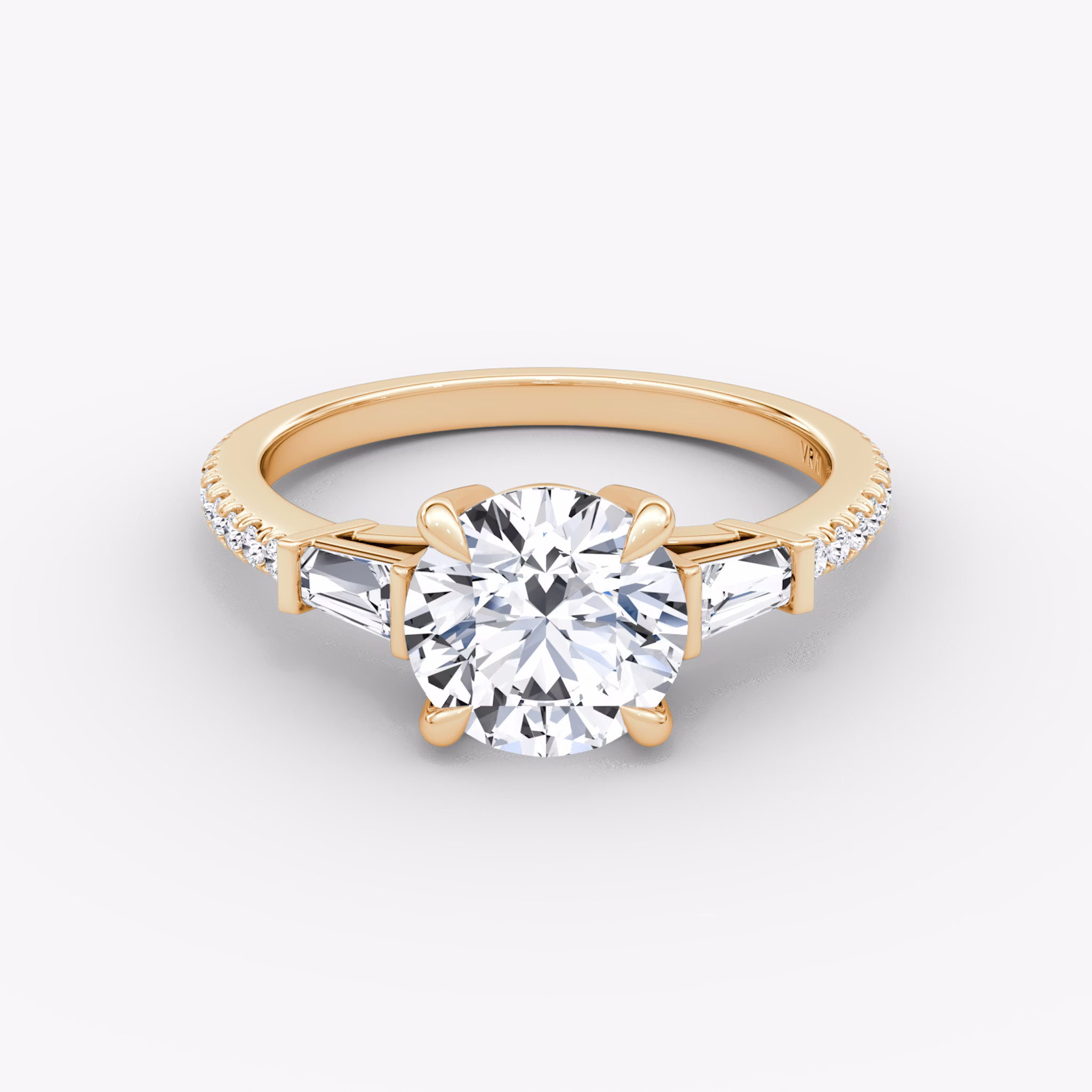 The Tapered Baguette Three Stone | Round Brilliant | 14k | Rose Gold | bandAccent: Pavé | caratWeight: 1.5ct | excludeFromFeed: null | diamondOrientation: vertical