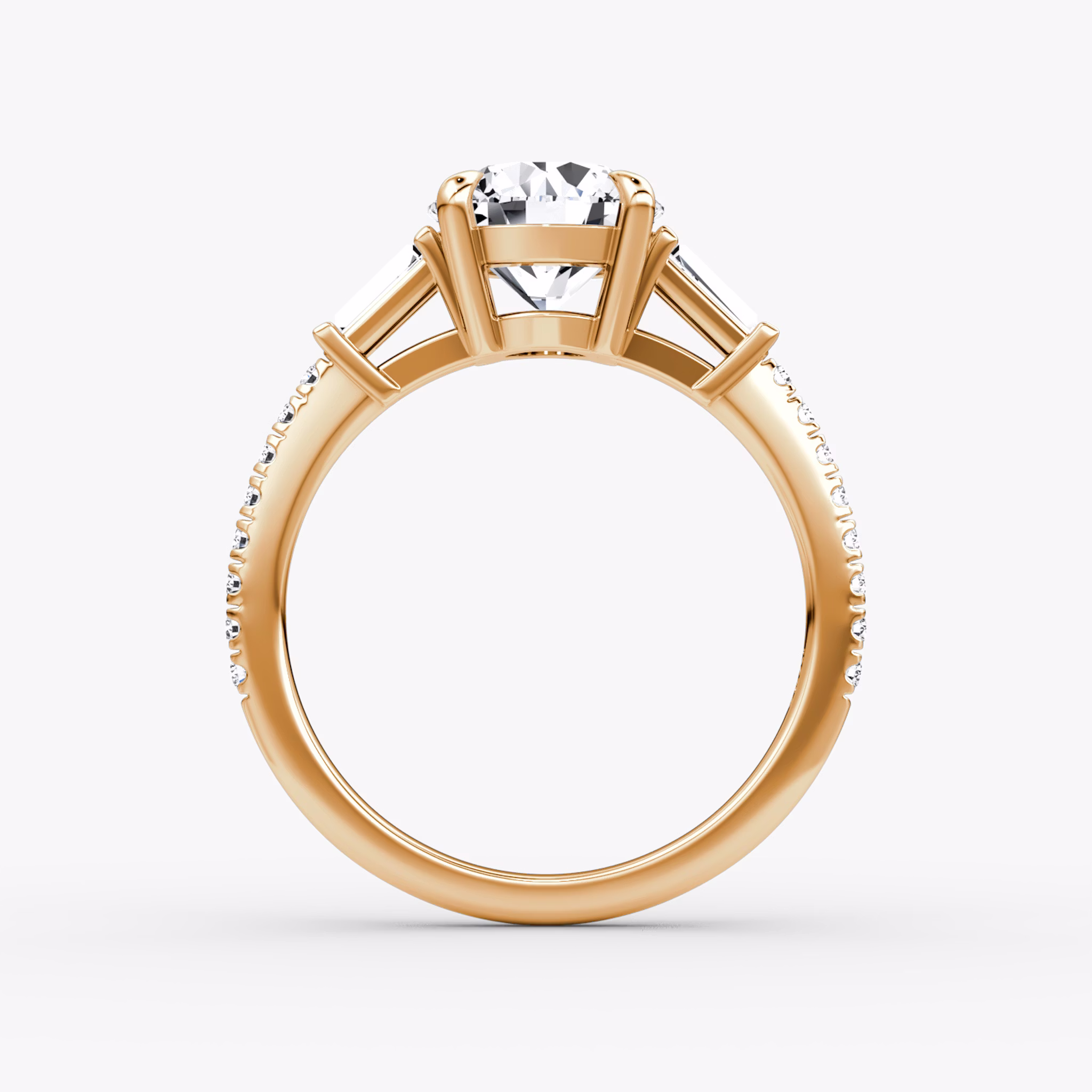 The Tapered Baguette Three Stone | Round Brilliant | 14k | Rose Gold | bandAccent: Pavé | caratWeight: 1.5ct | excludeFromFeed: null | diamondOrientation: vertical