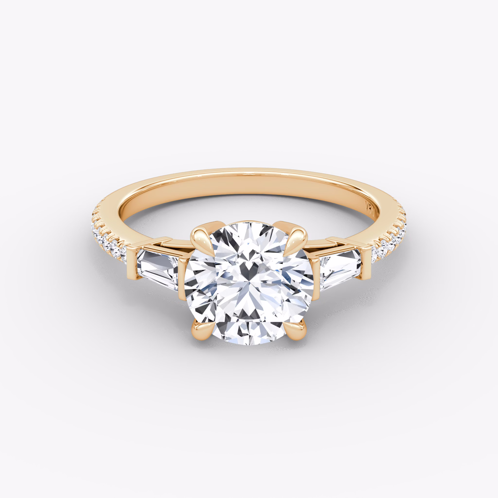 The Tapered Baguette Three Stone | Round Brilliant | 14k | Rose Gold | bandAccent: Pavé | caratWeight: other | excludeFromFeed: null | diamondOrientation: vertical