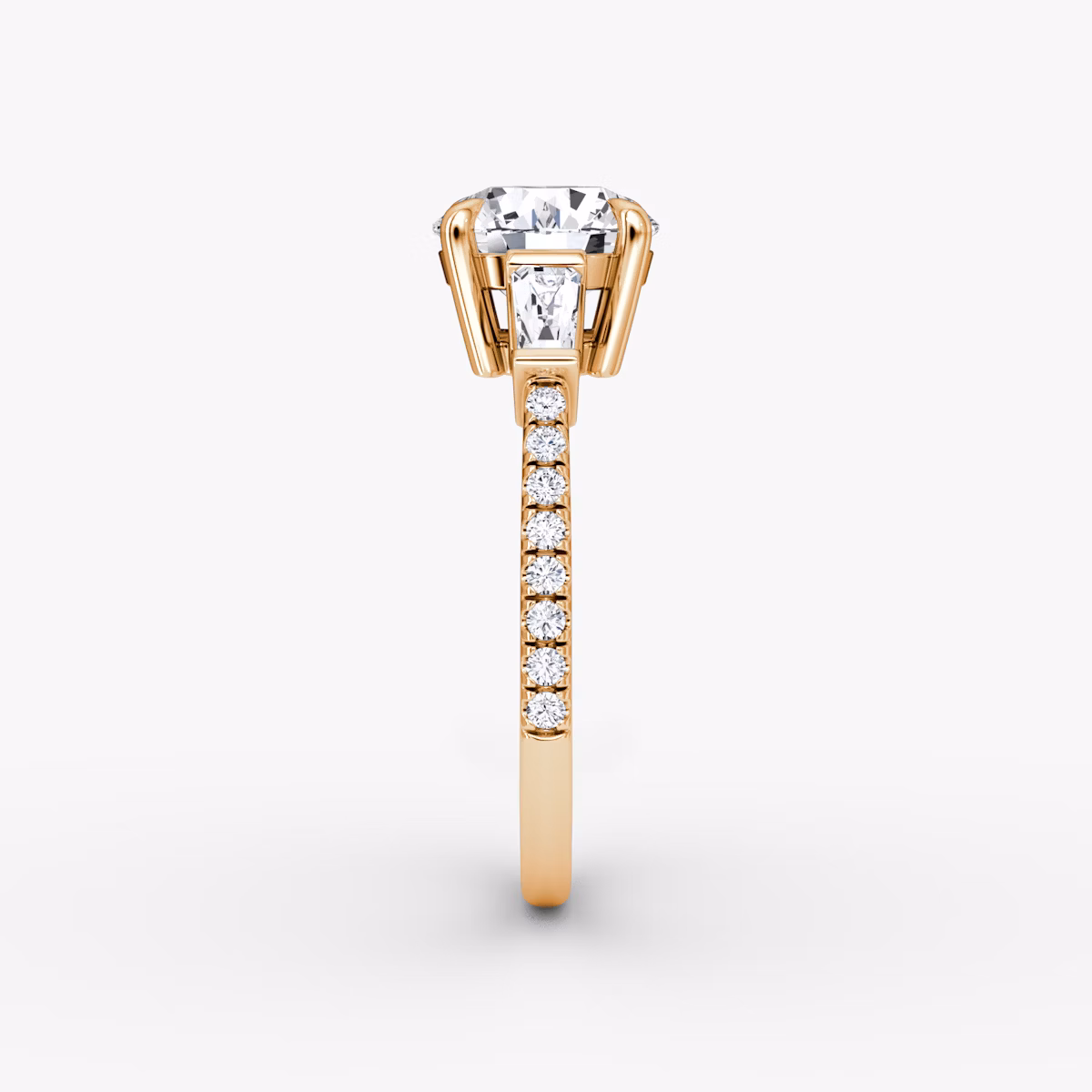 The Tapered Baguette Three Stone | Round Brilliant | 14k | Rose Gold | bandAccent: Pavé | caratWeight: other | excludeFromFeed: null | diamondOrientation: vertical