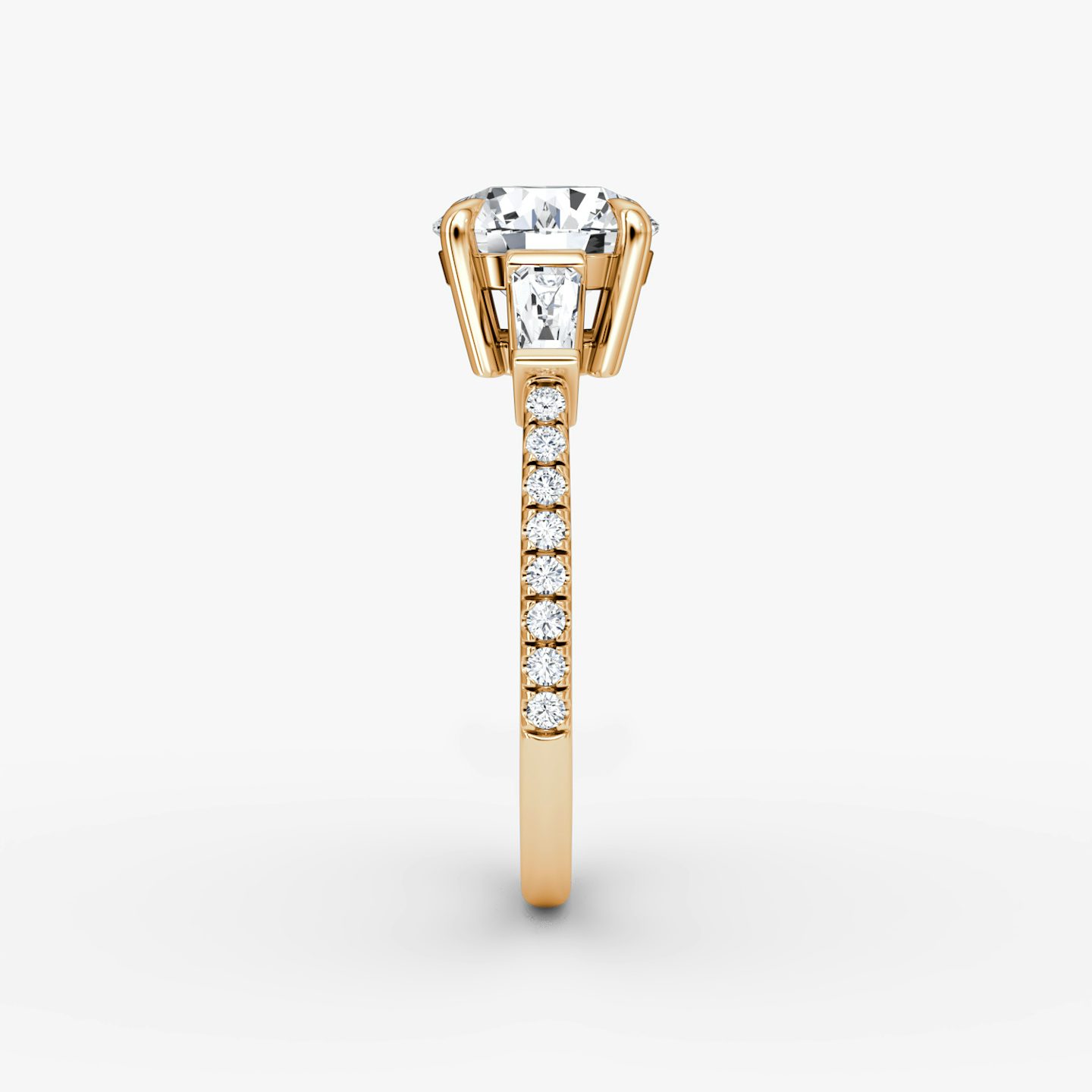 The Tapered Baguette Three Stone | Round Brilliant | 14k | Rose Gold | bandAccent: Pavé | caratWeight: other | excludeFromFeed: null | diamondOrientation: vertical
