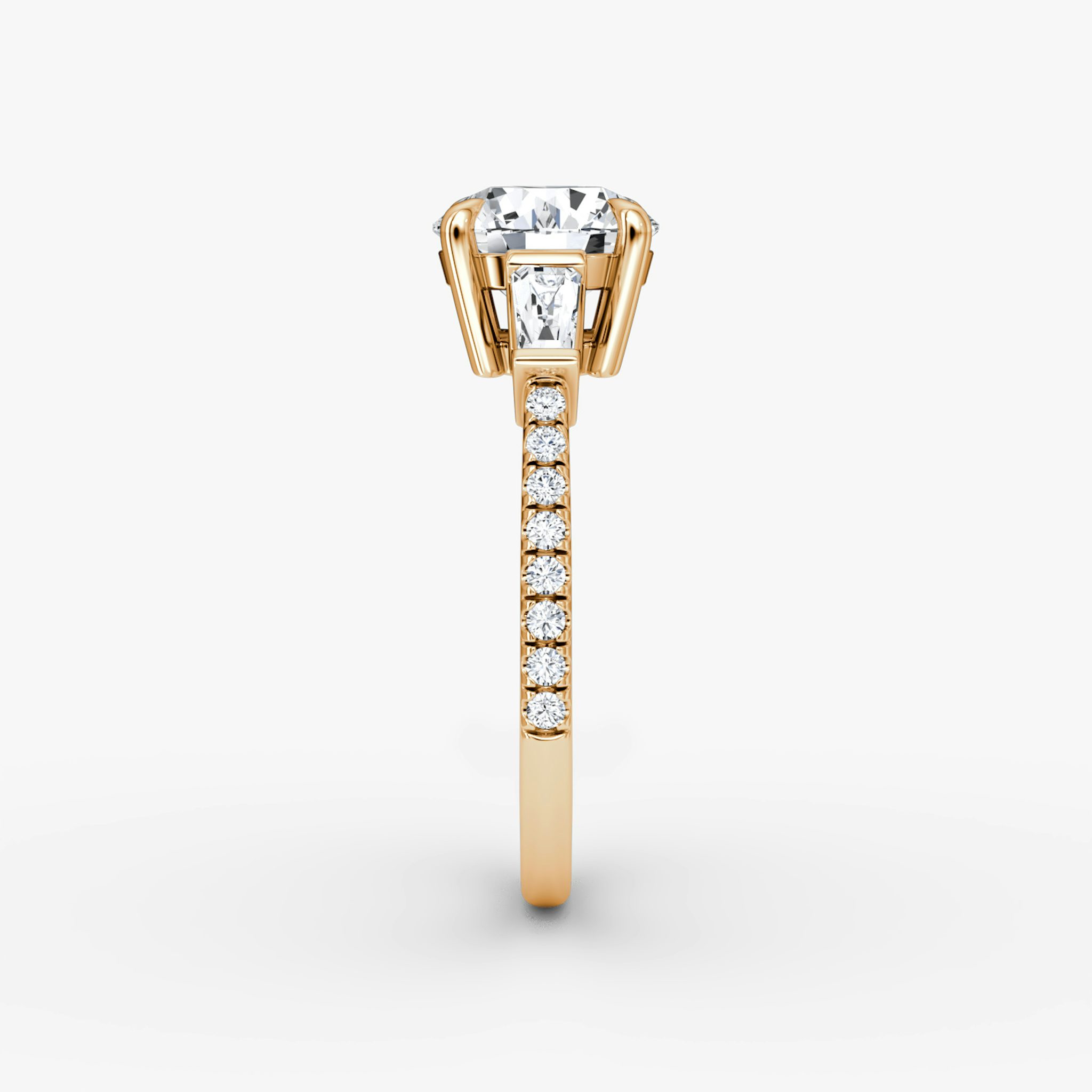 The Tapered Baguette Three Stone | Round Brilliant | 14k | Rose Gold | bandAccent: Pavé | caratWeight: other | excludeFromFeed: null | diamondOrientation: vertical