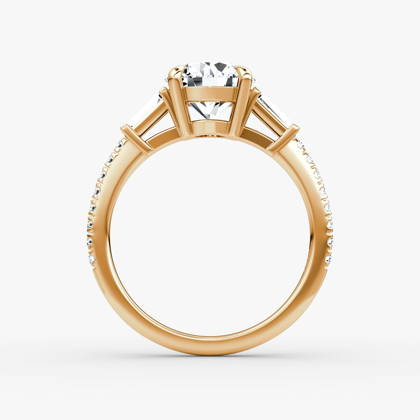 The Tapered Baguette Three Stone | Round Brilliant | 14k | Rose Gold | bandAccent: Pavé | caratWeight: other | excludeFromFeed: null | diamondOrientation: vertical