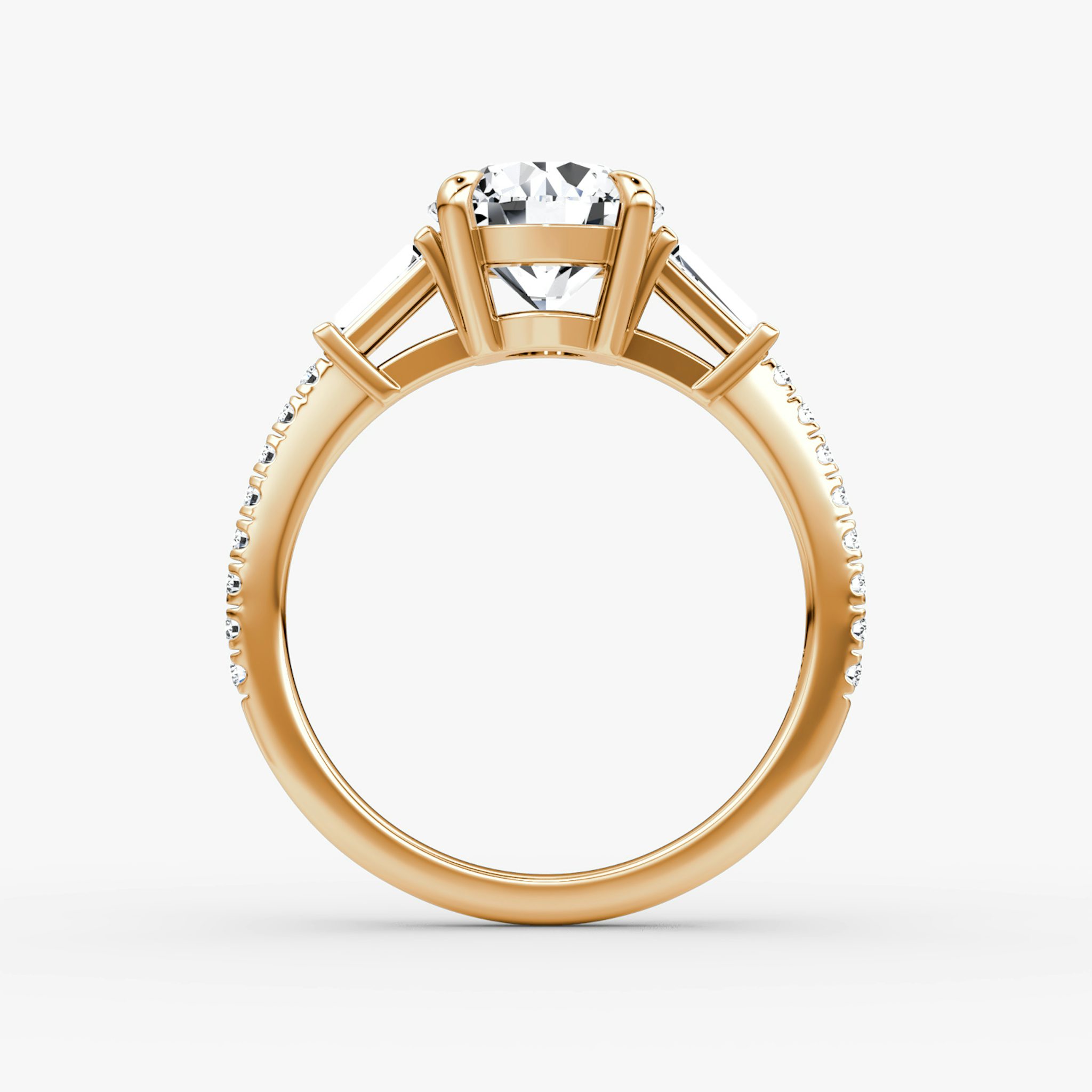 The Tapered Baguette Three Stone | Round Brilliant | 14k | Rose Gold | bandAccent: Pavé | caratWeight: 2.0ct | excludeFromFeed: null | diamondOrientation: vertical