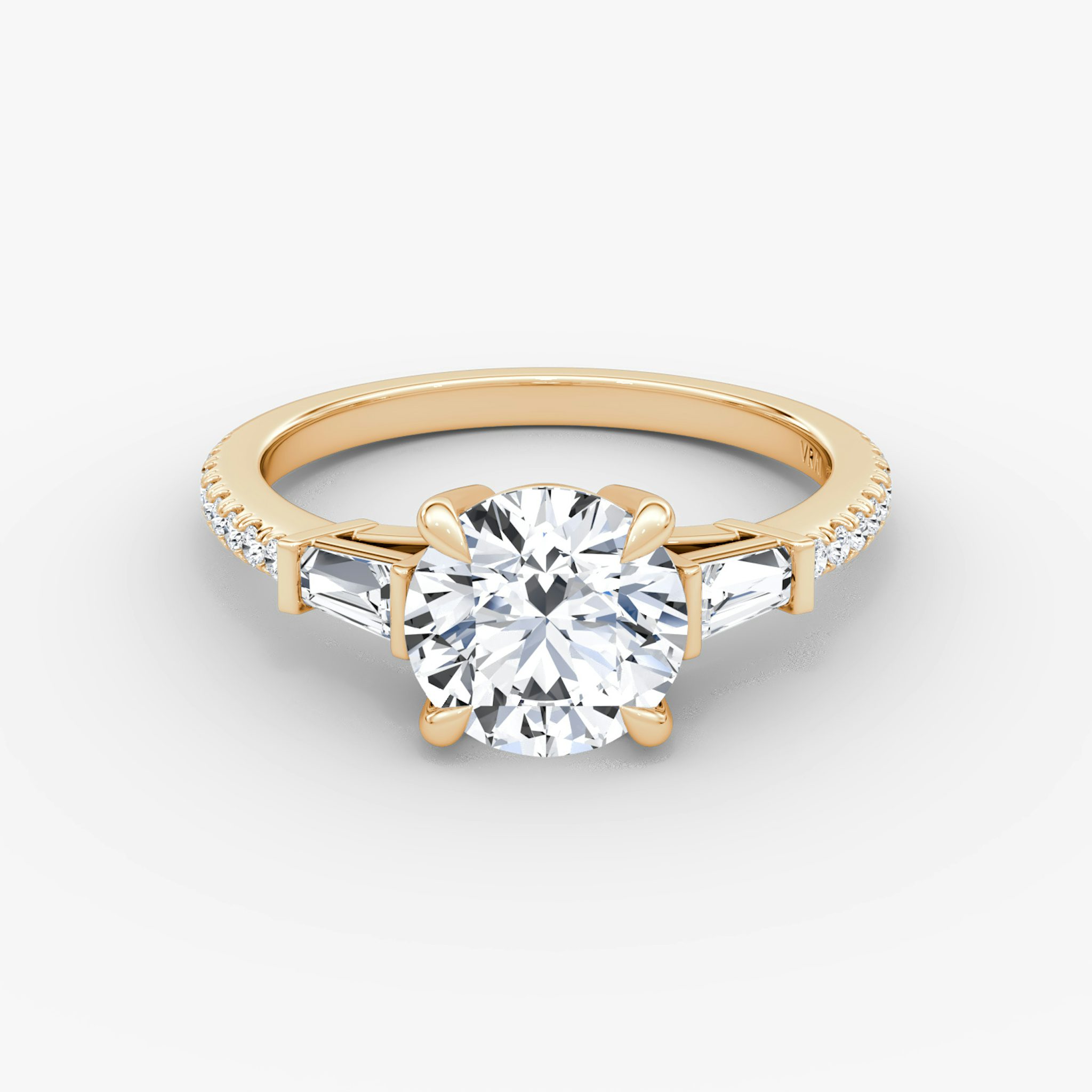 The Tapered Baguette Three Stone | Round Brilliant | 14k | Rose Gold | bandAccent: Pavé | caratWeight: 2.0ct | excludeFromFeed: null | diamondOrientation: vertical