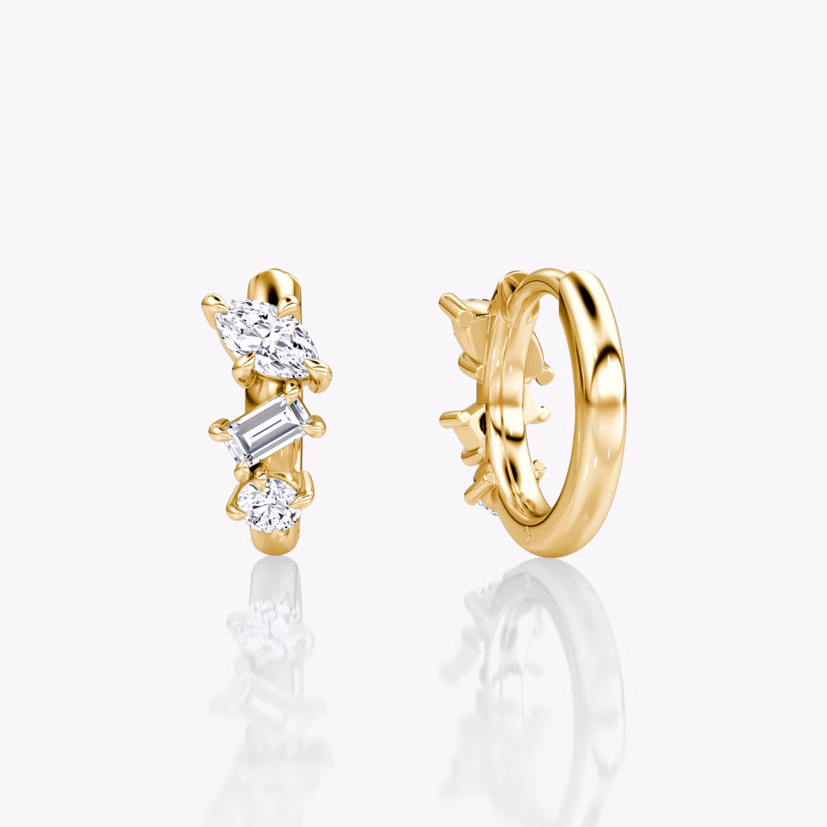 Orion Huggie Hoop  | round-brilliant+marquise+baguette | 14k | Yellow Gold | earringSize: 12mm