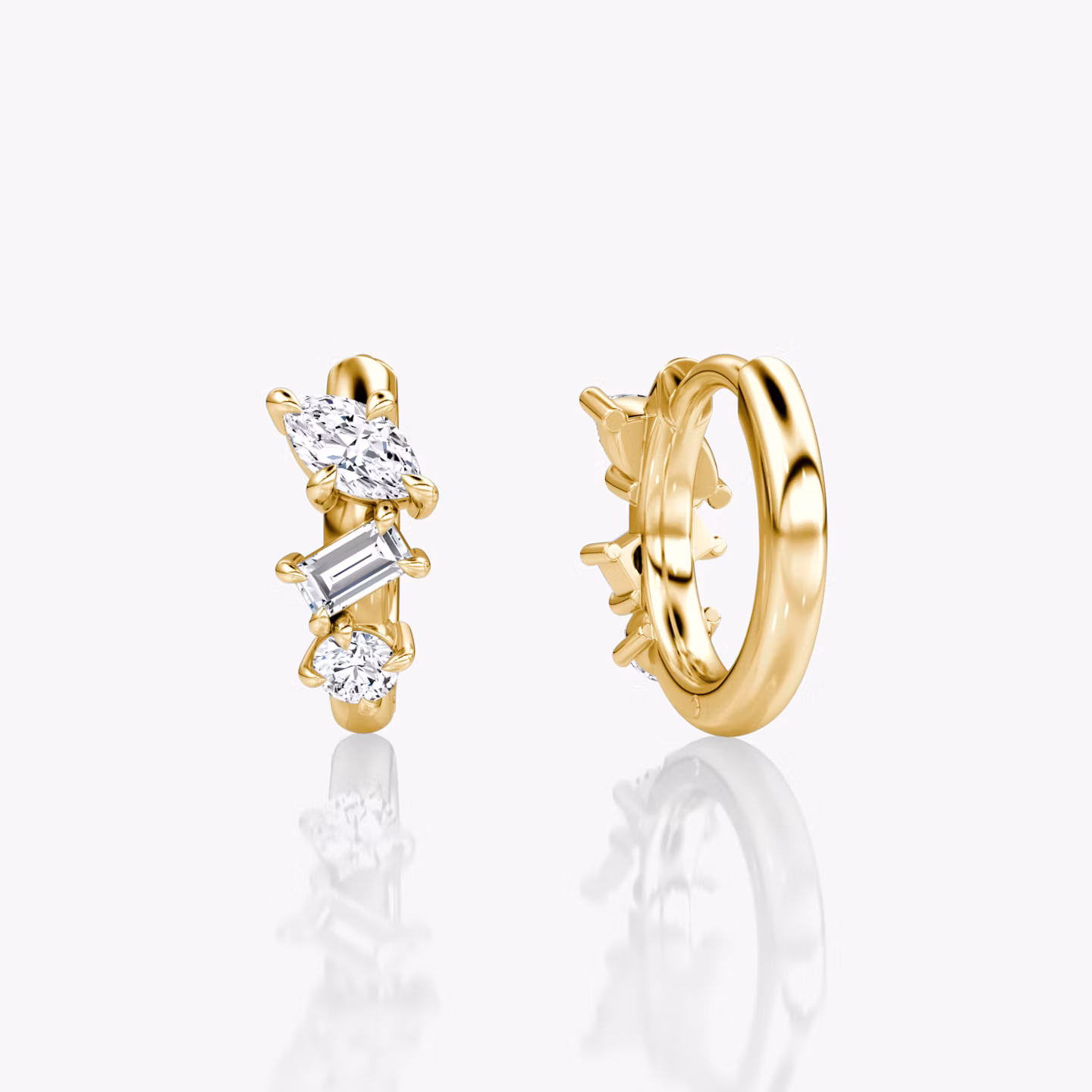 Créole Orion Huggie  | round-brilliant+marquise+baguette | 14k | Or jaune | earringSize: 12mm