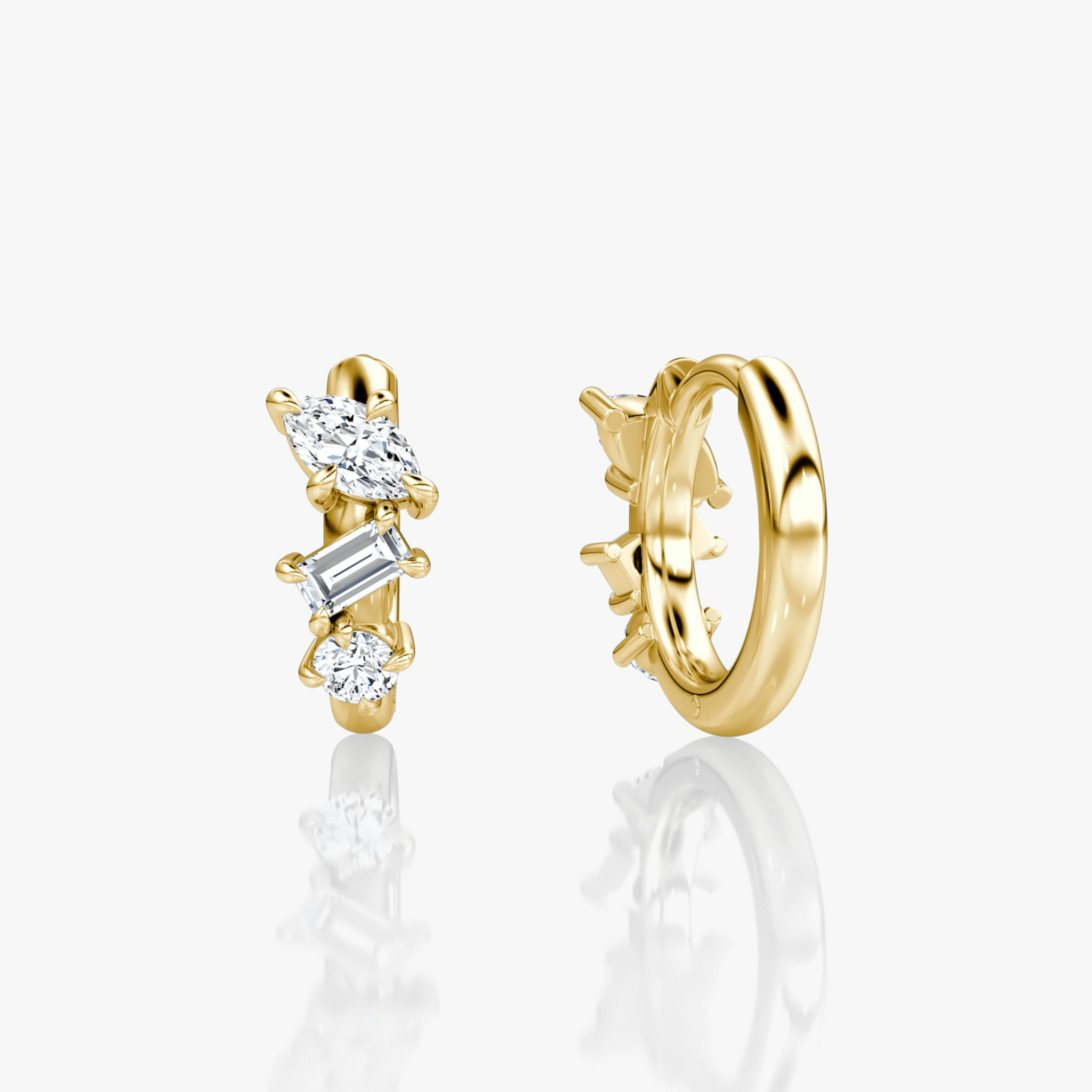 Orion Huggie Hoop | round-brilliant+marquise+baguette | 14k | Yellow Gold | side: left