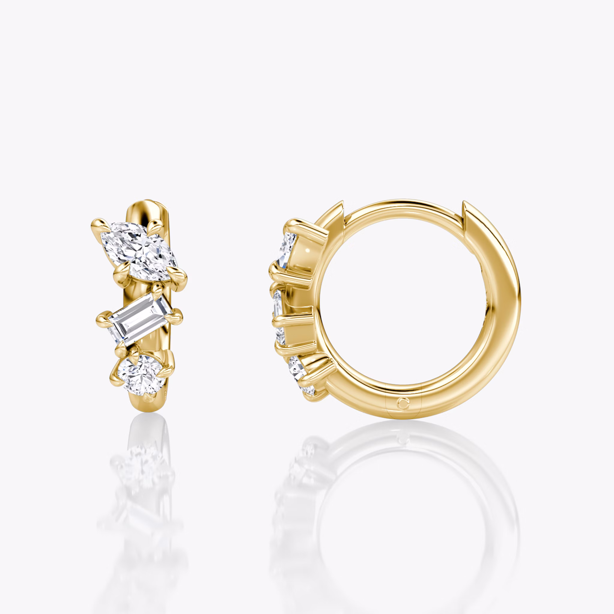 Orion Huggie Hoop | round-brilliant+marquise+baguette | 14k | Yellow Gold | side: left