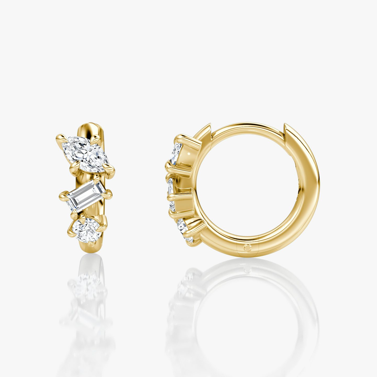 Orion Huggie Hoop  | round-brilliant+marquise+baguette | 14k | Yellow Gold | earringSize: 12mm