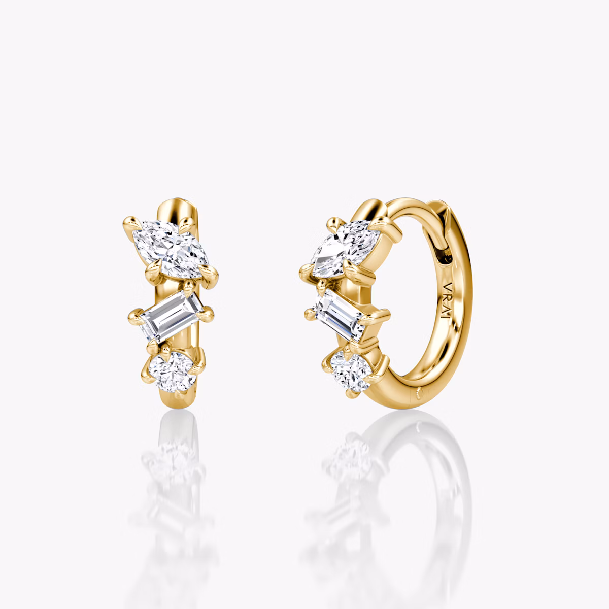 Orion Huggie Hoop  | round-brilliant+marquise+baguette | 14k | Yellow Gold | earringSize: 12mm