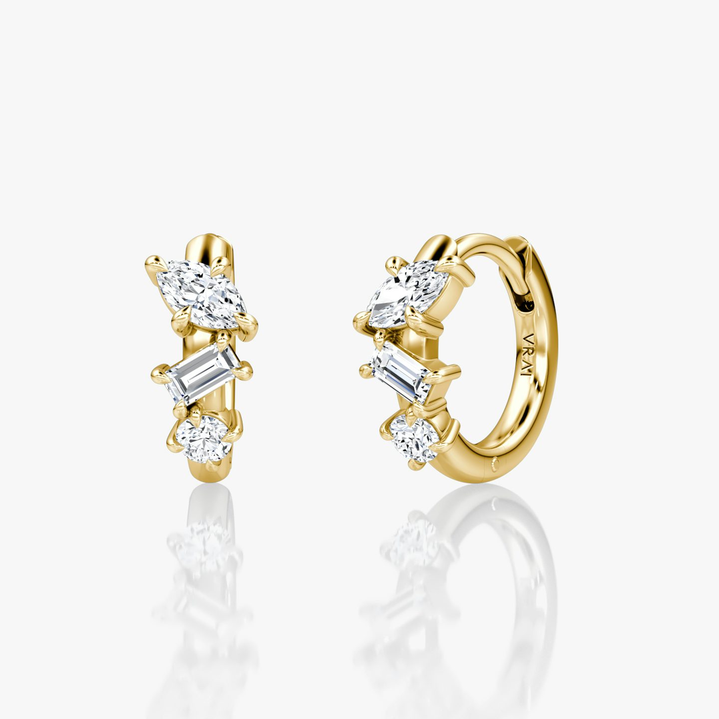 Orion Huggie Hoop  | round-brilliant+marquise+baguette | 14k | Yellow Gold | earringSize: 12mm