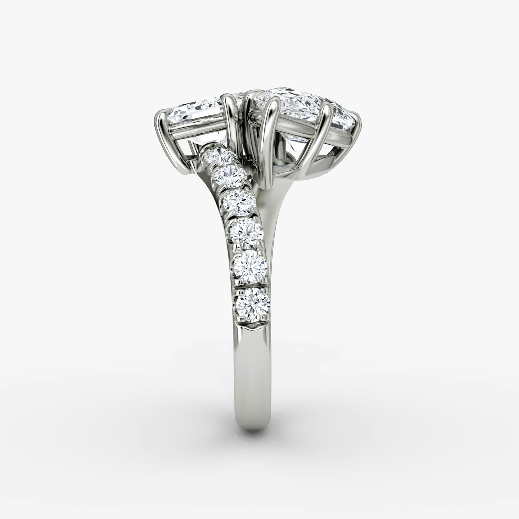 The Toi et Moi Bypass | Emerald and Pear | Platinum | bandAccent: Pavé | diamondOrientation: vertical | caratWeight: other