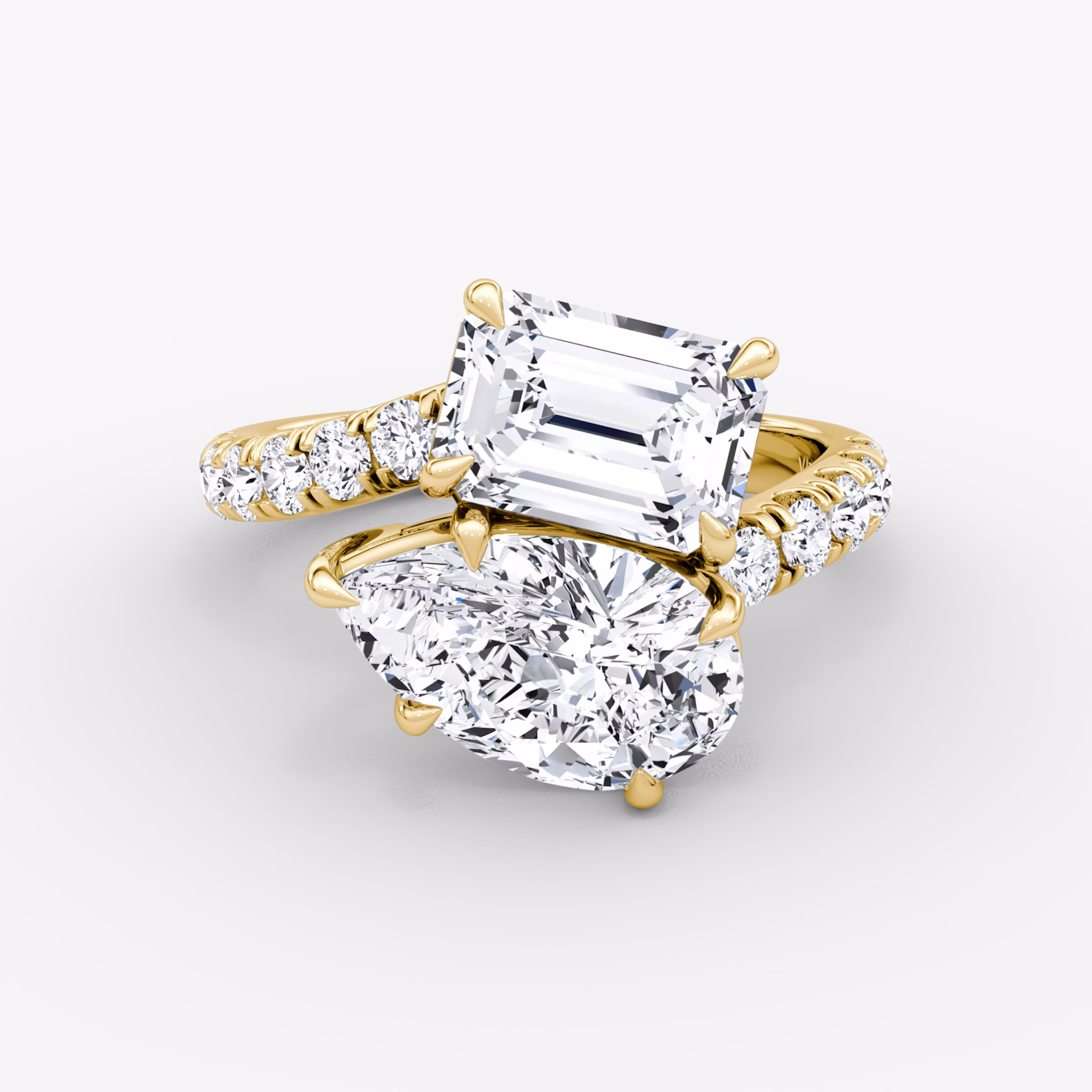 The Toi et Moi Bypass | Emerald and Pear | 18k | Yellow Gold | bandAccent: Pavé | diamondOrientation: vertical | caratWeight: other
