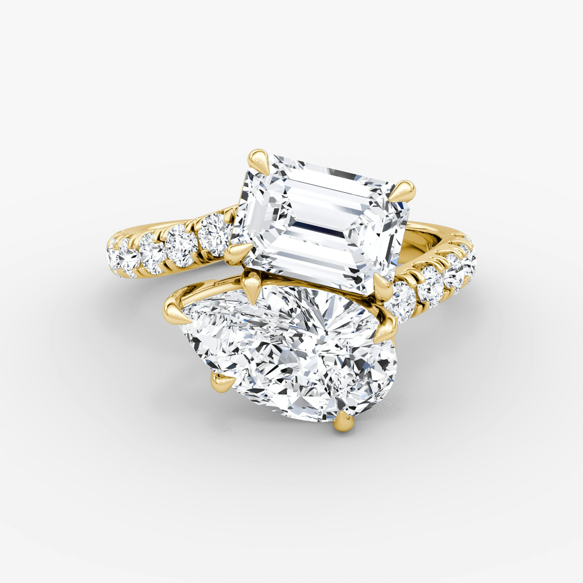The Toi et Moi Bypass | Emerald and Pear | 18k | Yellow Gold | bandAccent: Pavé | diamondOrientation: vertical | caratWeight: other