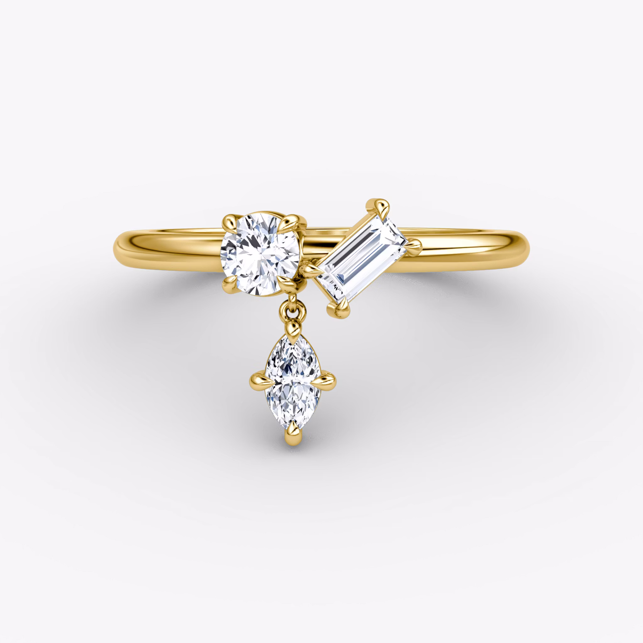 Falling Star Ring round-brilliant+marquise+baguette | Yellow Gold