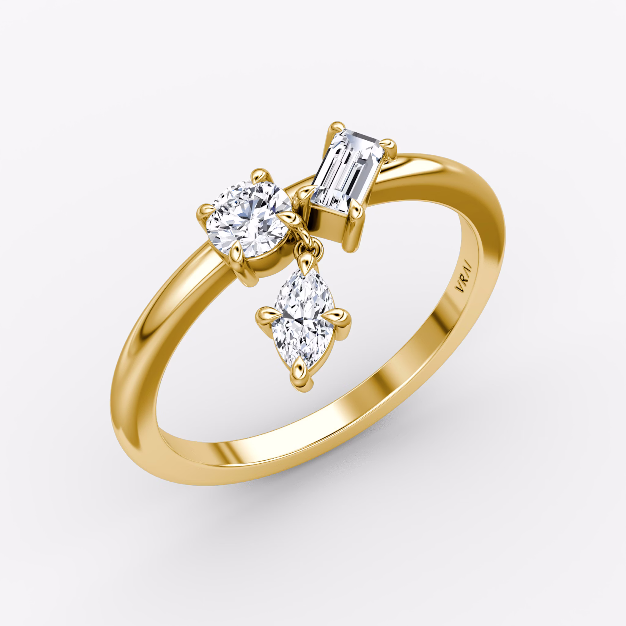 Falling Star Ring | round-brilliant+marquise+baguette | 14k | Yellow Gold