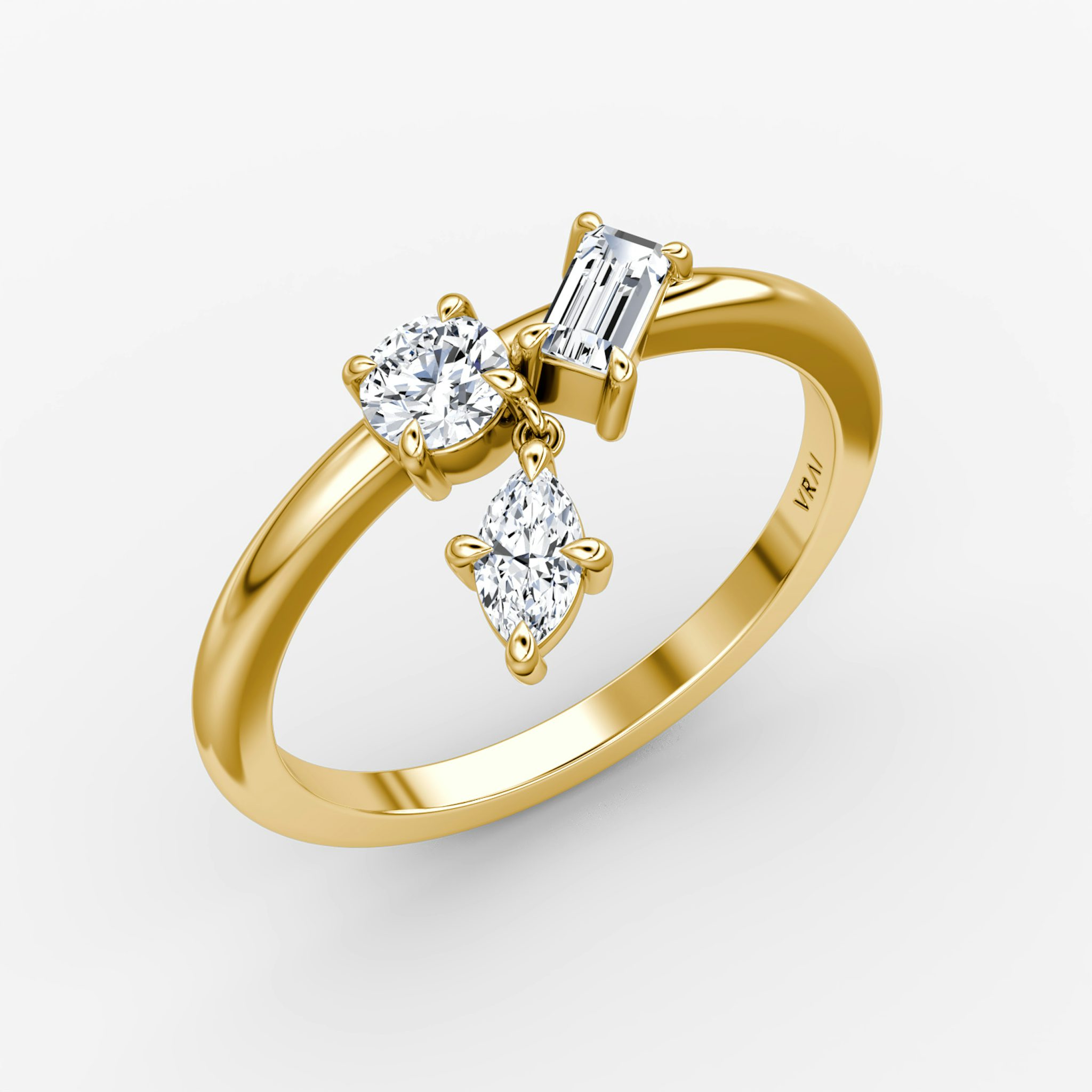 Falling Star Ring | round-brilliant+marquise+baguette | 14k | Yellow Gold