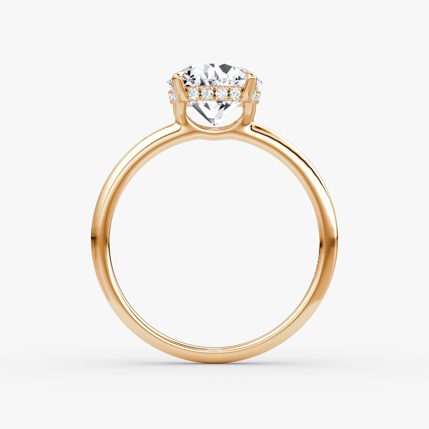 The Signature | Round Brilliant | 14k | Rose Gold | bandAccent: Plain | bandWidth: standard | caratWeight: 1.0ct | hiddenHalo: yes | diamondOrientation: vertical