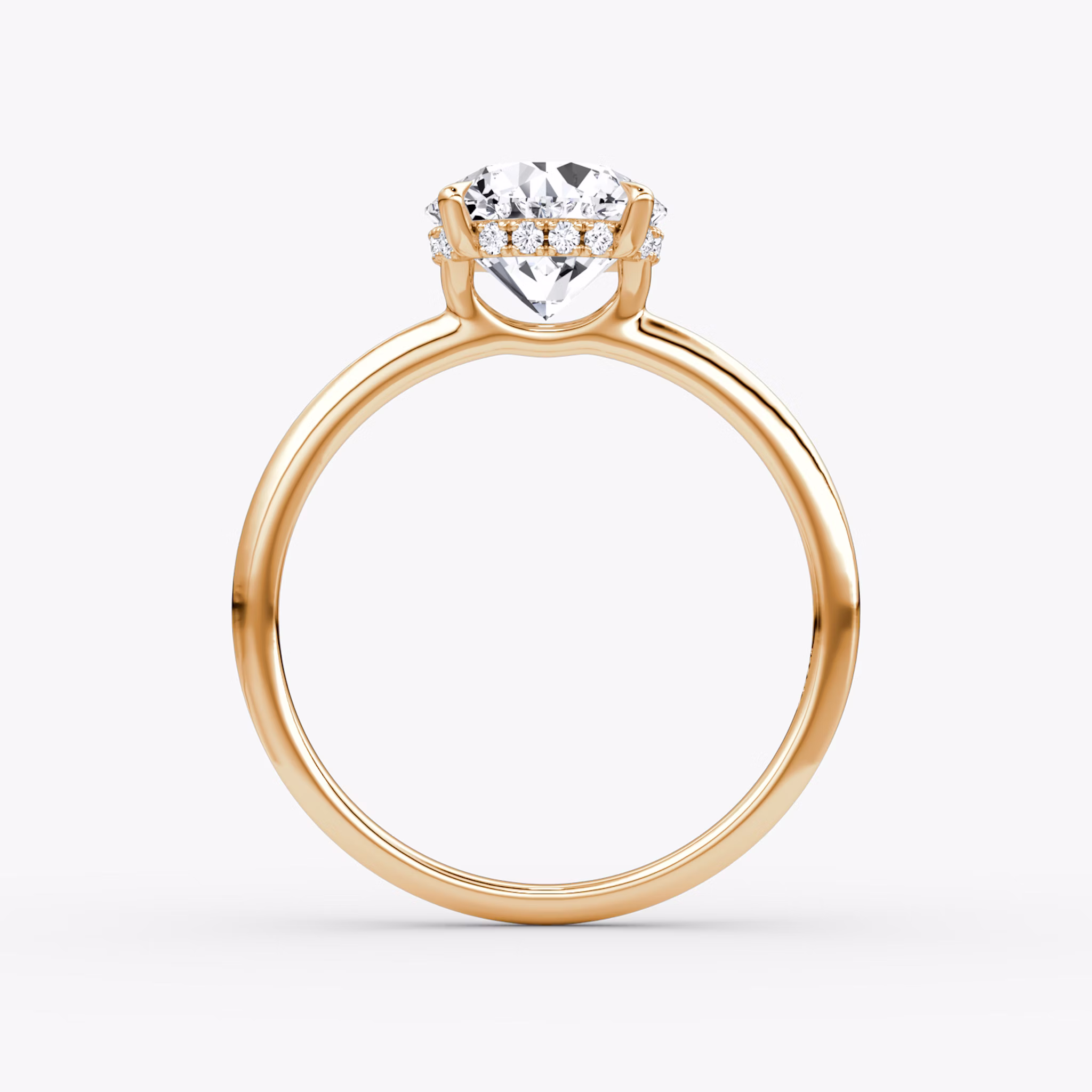The Signature | Round Brilliant | 14k | Rose Gold | bandAccent: Plain | bandWidth: standard | caratWeight: 1.0ct | hiddenHalo: yes | diamondOrientation: vertical