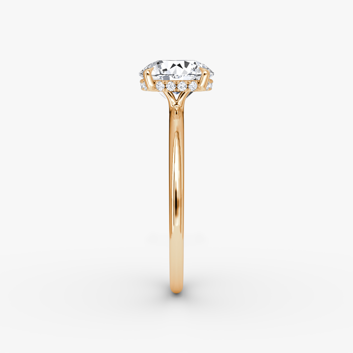 The Signature | Round Brilliant | 14k | Rose Gold | bandAccent: Plain | bandWidth: standard | caratWeight: 1.0ct | hiddenHalo: yes | diamondOrientation: vertical