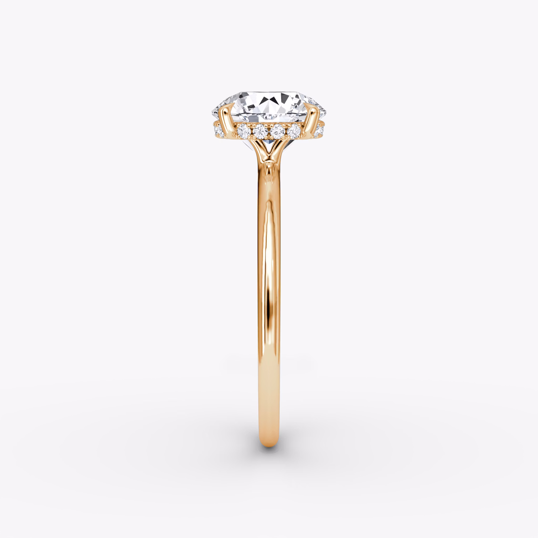 The Signature | Round Brilliant | 14k | Rose Gold | bandAccent: Plain | bandWidth: standard | caratWeight: 1.0ct | hiddenHalo: yes | diamondOrientation: vertical