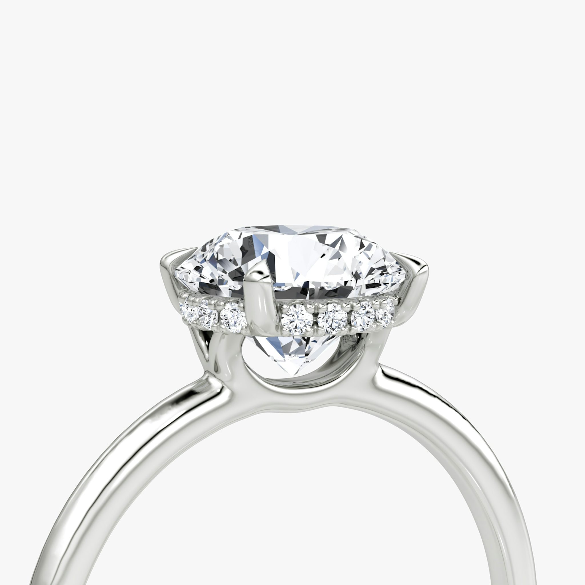 The Signature | Round Brilliant | Platinum | bandAccent: Plain | bandWidth: standard | caratWeight: 1.0ct | hiddenHalo: yes | diamondOrientation: vertical