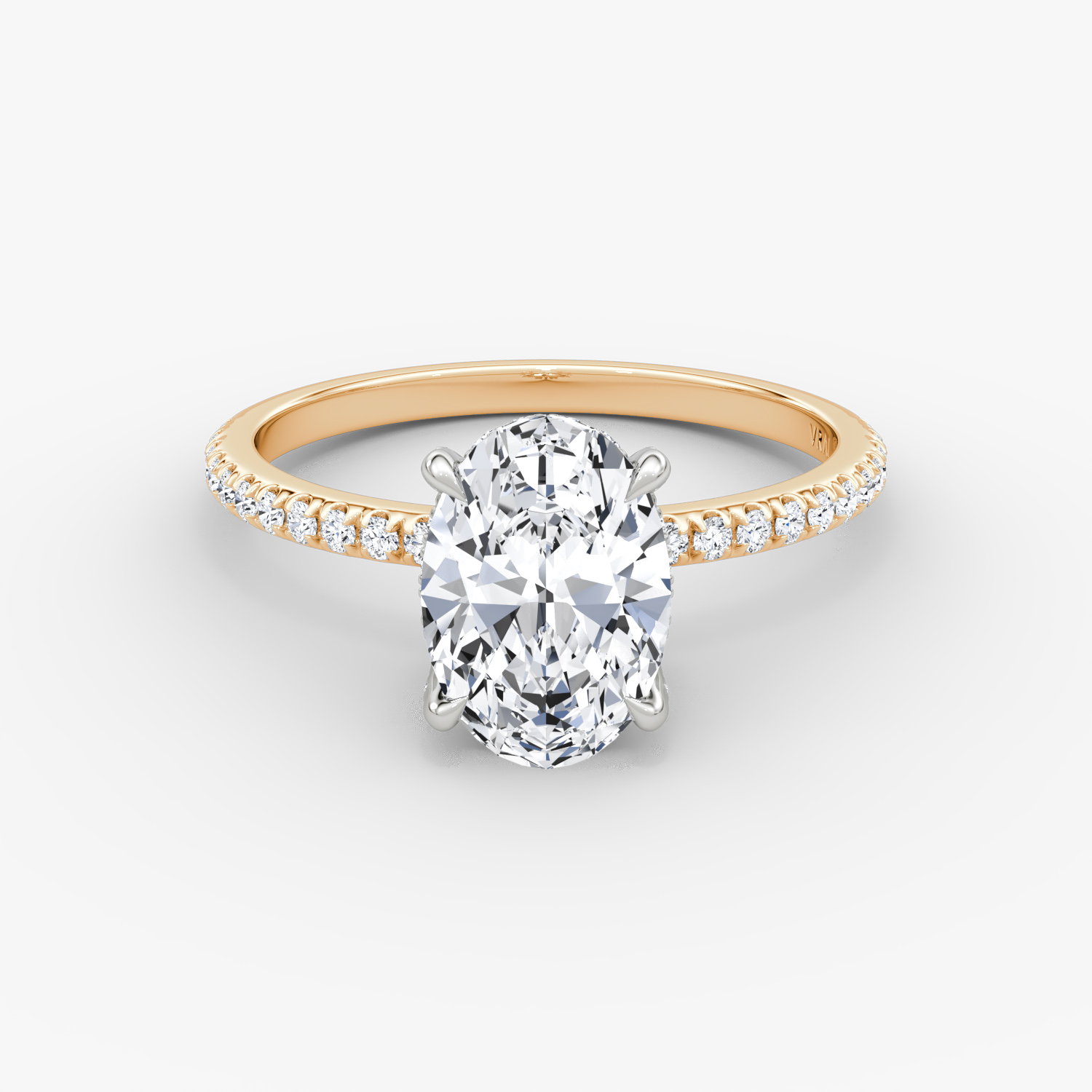 The Classic Hidden Halo | Oval | 14k | Rose Gold and Platinum | bandAccent: Pavé | bandWidth: standard | prongStyle: Pavé | diamondOrientation: vertical | caratWeight: other