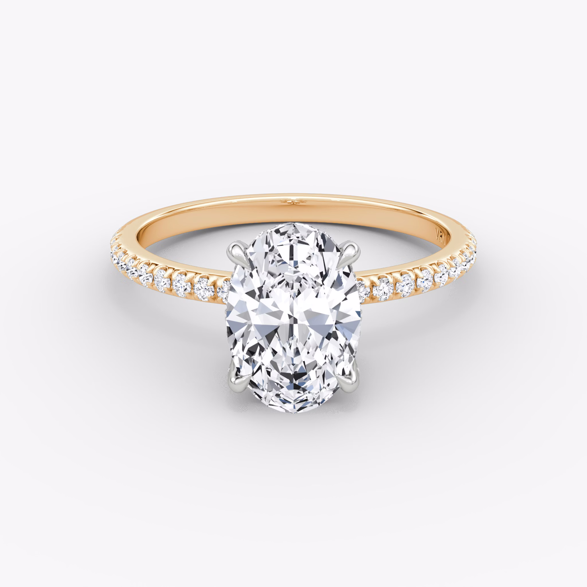 The Classic Hidden Halo | Oval | 14k | Rose Gold and Platinum | bandAccent: Pavé | bandWidth: standard | prongStyle: Pavé | diamondOrientation: vertical | caratWeight: other