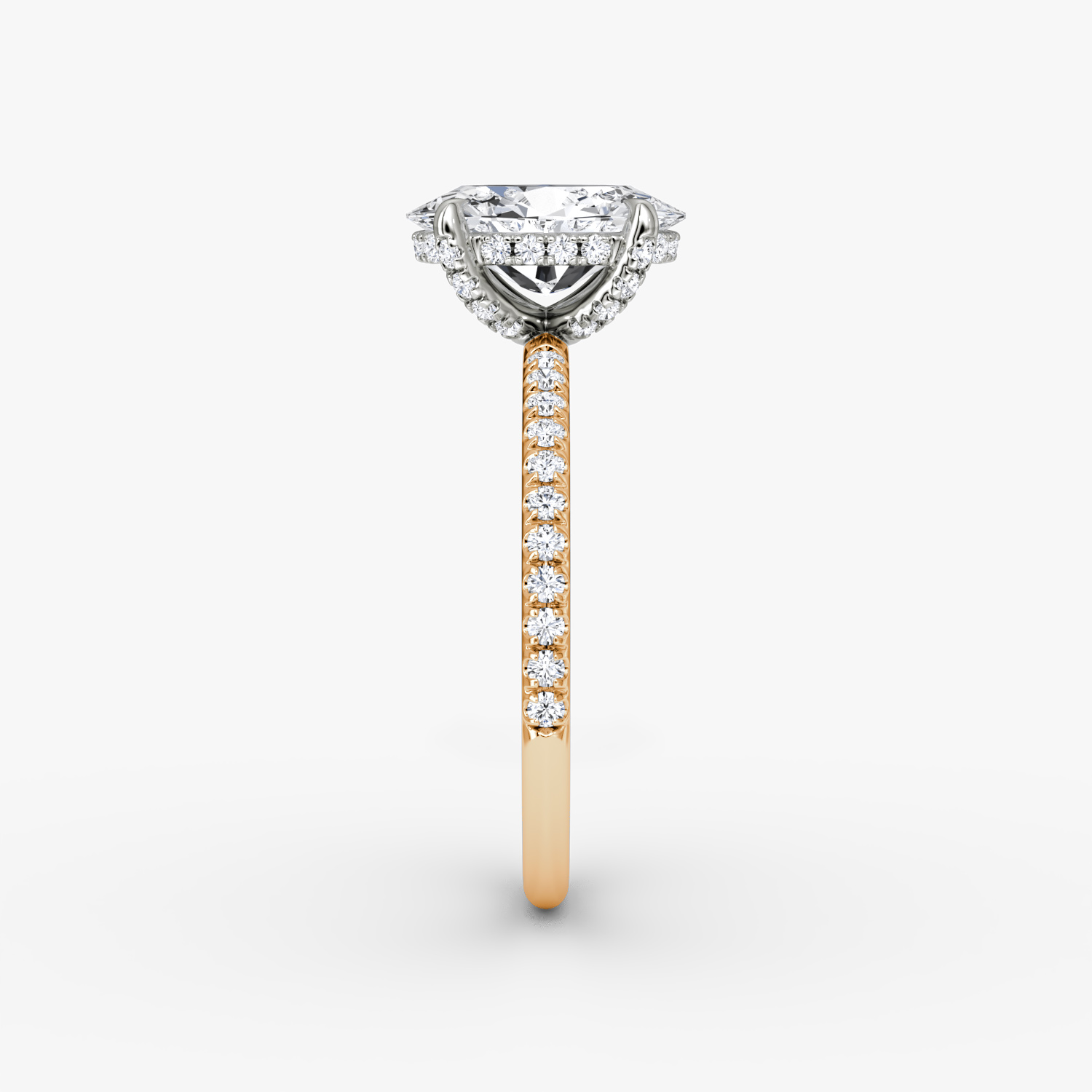 The Classic Hidden Halo | Oval | 14k | Rose Gold and Platinum | bandAccent: Pavé | bandWidth: standard | prongStyle: Pavé | diamondOrientation: vertical | caratWeight: other