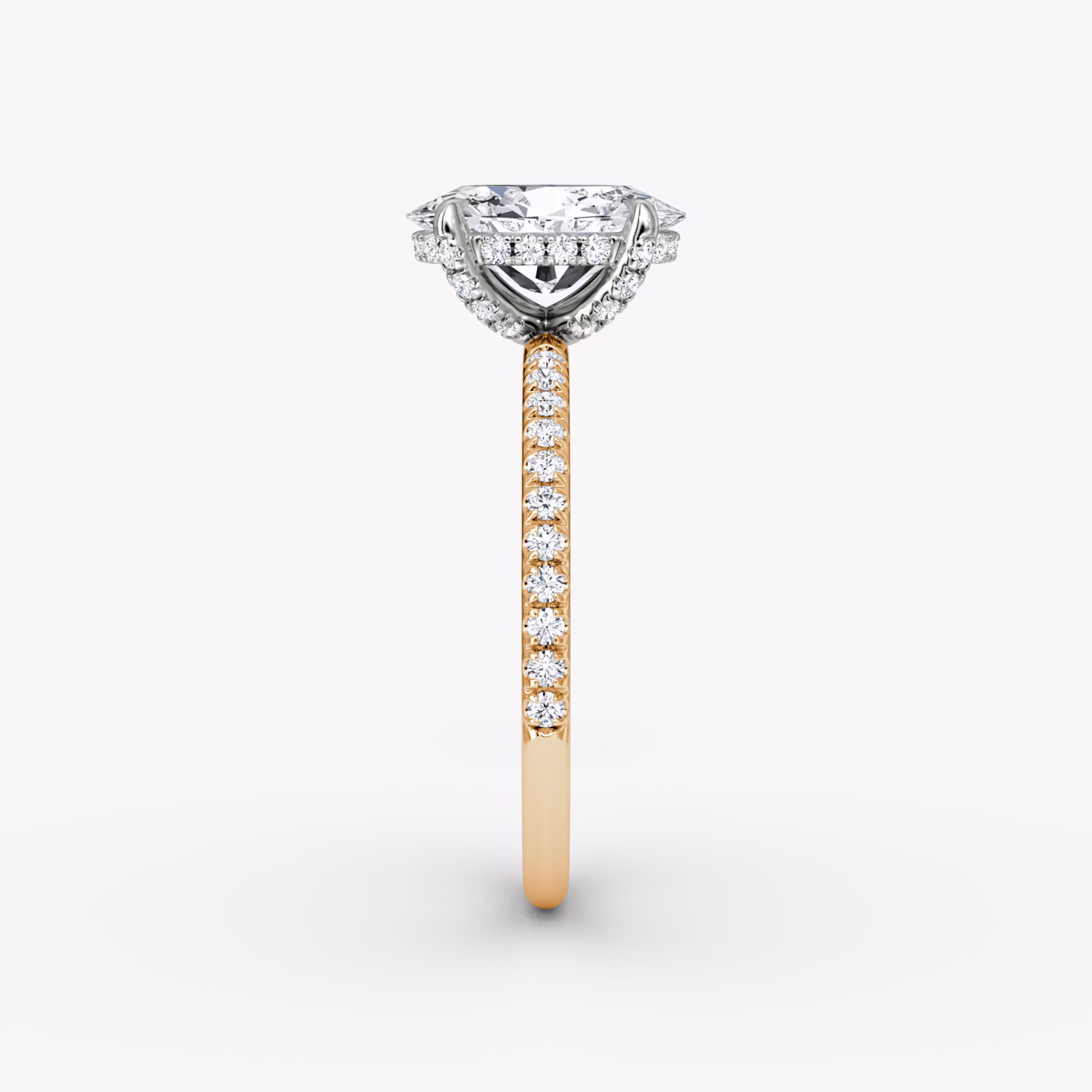 The Classic Hidden Halo | Oval | 14k | Rose Gold and Platinum | bandAccent: Pavé | bandWidth: standard | prongStyle: Pavé | diamondOrientation: vertical | caratWeight: other