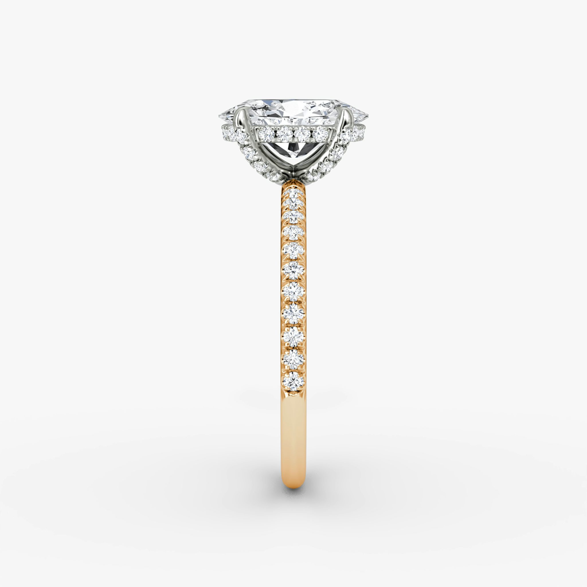The Classic Hidden Halo | Oval | 14k | Rose Gold and Platinum | bandAccent: Pavé | bandWidth: standard | prongStyle: Pavé | diamondOrientation: vertical | caratWeight: other
