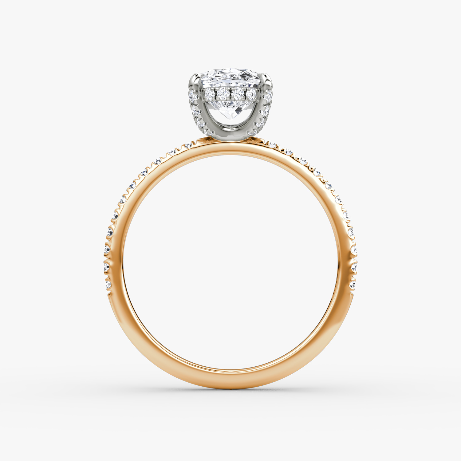 The Classic Hidden Halo | Oval | 14k | Rose Gold and Platinum | bandAccent: Pavé | bandWidth: standard | prongStyle: Pavé | diamondOrientation: vertical | caratWeight: other